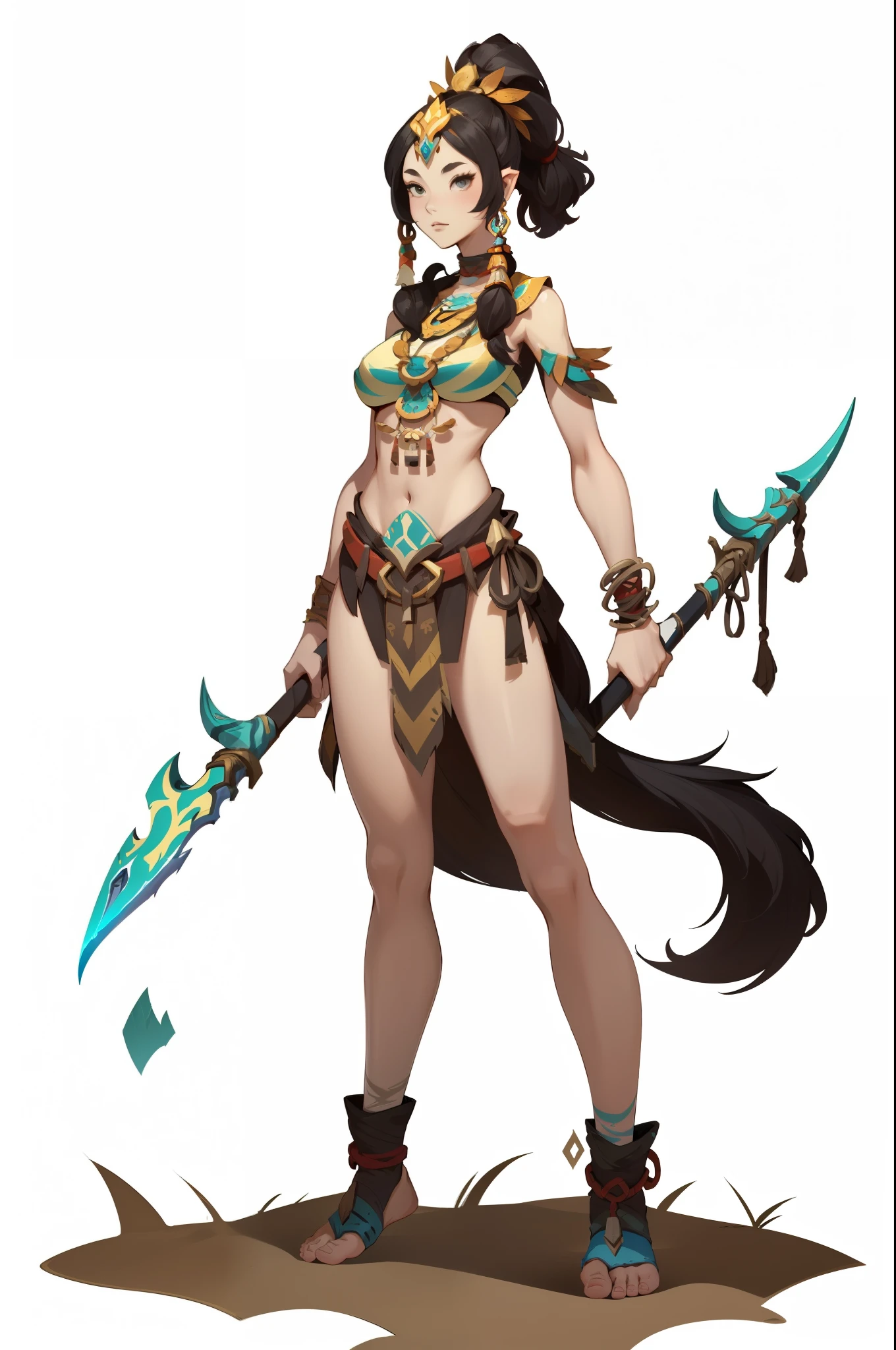 ((top-quality))、((tmasterpiece))、((Full body photo of a woman))、((very simple background))、(Game character design)、character  design，Primitive tribal elements，standing on your feet，holding a weapon