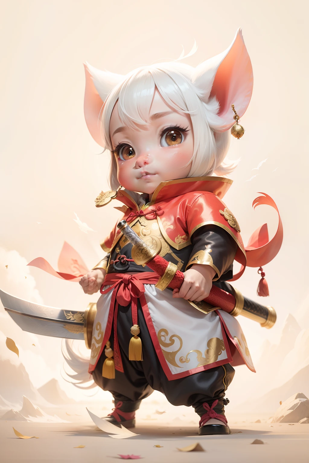 Cute little pig, Chinese Ming Dynasty flying fish costume, martial arts novel, holding a long sword, national style