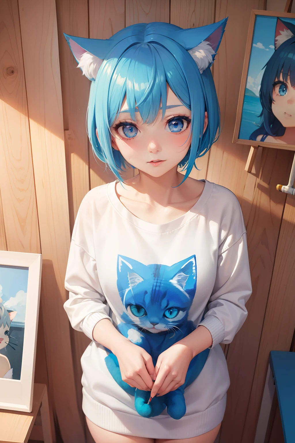 Blue hair and sweatshirt, Cute and seductive girl, Painting Tools SAI Patron, Blue pupils Blue hair short hair, White stockings,JK,White panties,cat ear,Be red in the face,The expression is shy,drools,Loving pupils