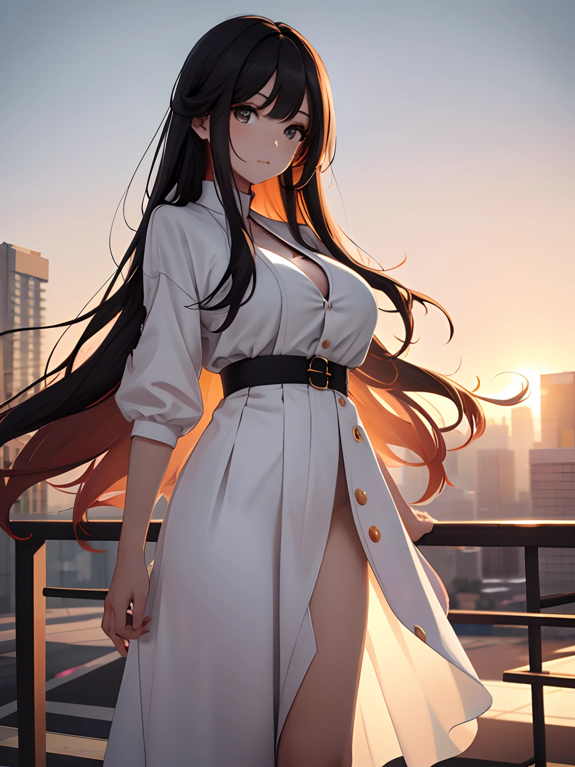In a sunset,There was a girl standing。White clothes fluttering,long whitr hair、big breasts beautiful,𝓡𝓸𝓶𝓪𝓷𝓽𝓲𝓬,Modern authentic style