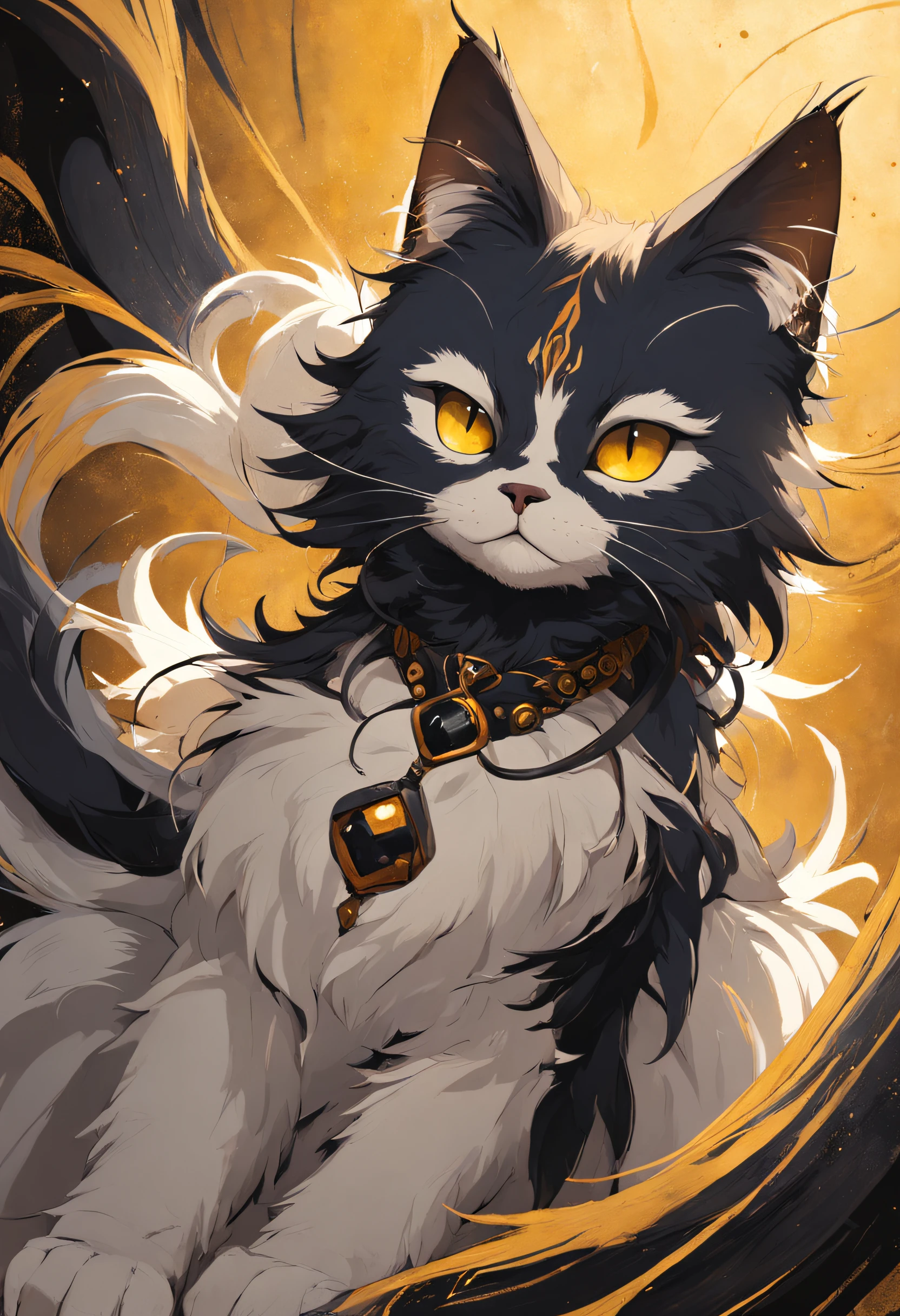 Gato en el arte, furry cat, Aseo de ojos estrechos、ocio、Color principal negro, Color secundario cian, Fondo amarillo dorado, artistic, sofisticado, Warm style, Las formas incluyen gatos abstractos, Playful forms, Pieza elegante, Las texturas incluyen texturas de pelaje, Pintura lisa, textura de la tela, Lines contain elegant lines, Curvas naturales, Silueta delicada, La forma es elegante, accesible, expresivo, aesthetic.