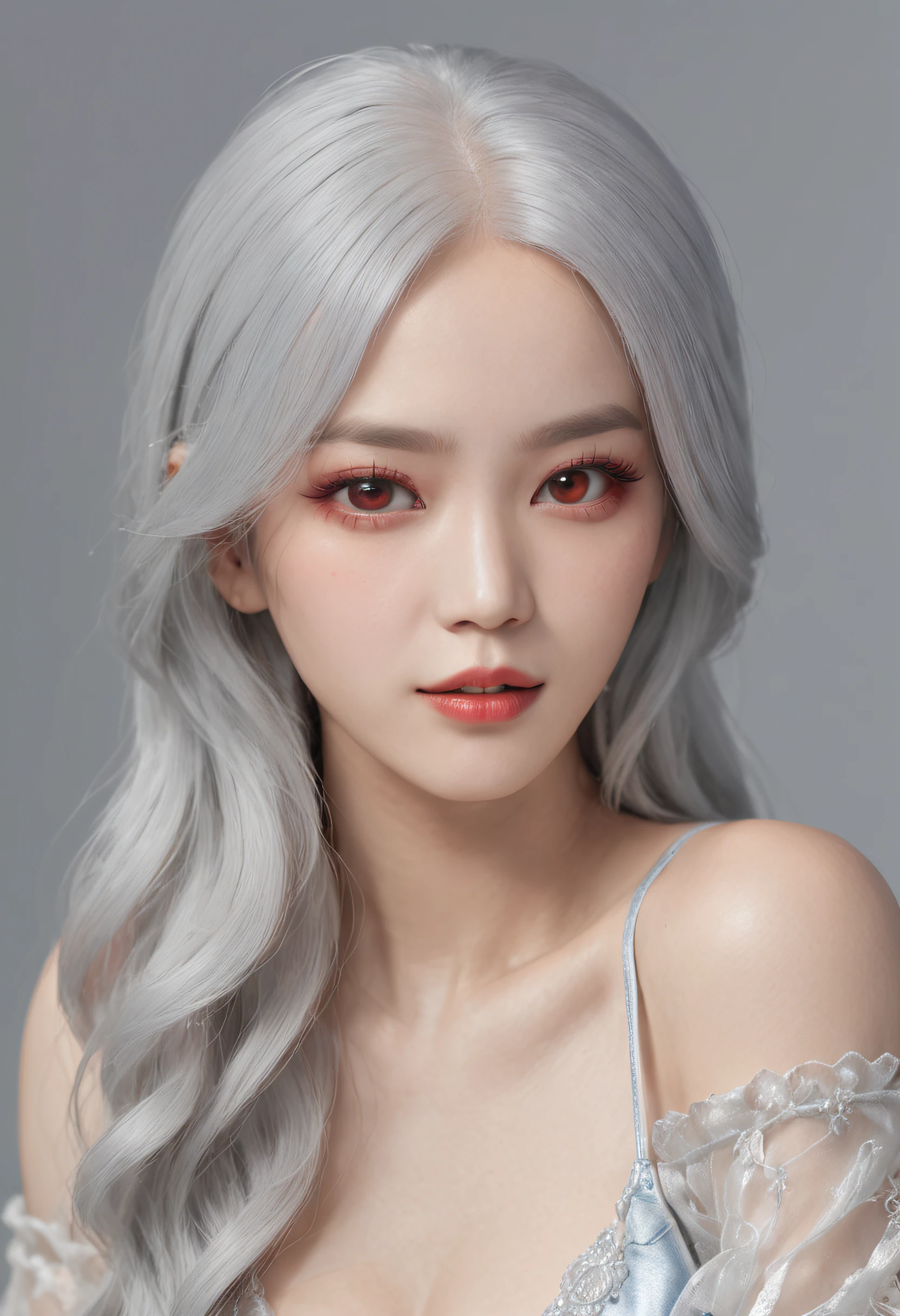 Best picture quality,femele,White hair and red eyes,S-shaped body,sitting on a stool,Realistic painting style ,frontage,Close-up of a blue-haired woman in a silver dress, Inspired by:, portrait of female korean idol, trending on cgstation, portrait of kpop idol, portrait of jossi of blackpink, 3 D rendering character art 8 K,, , 8K high quality detailed art