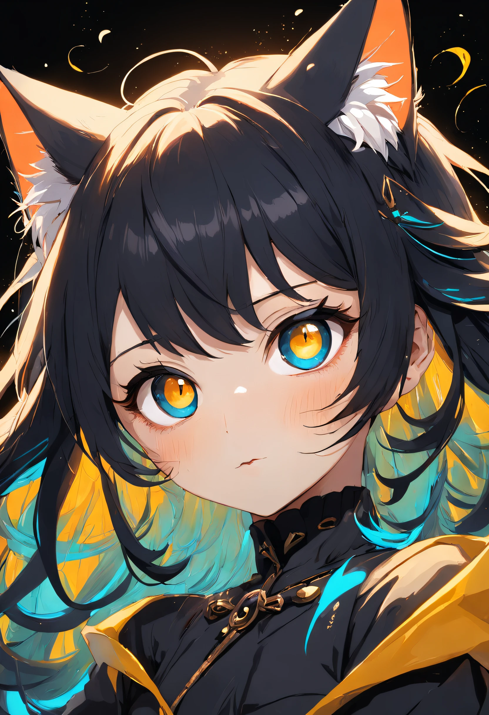 Gato en el arte,  furry cat, Aseo de ojos estrechos、ocio、Color principal negro, Color secundario cian, Fondo amarillo dorado, artistic, sofisticado, Warm style, Las formas incluyen gatos abstractos, Playful forms, Pieza elegante, Las texturas incluyen texturas de pelaje, Pintura lisa, textura de la tela, Lines contain elegant lines, Curvas naturales, Silueta delicada, La forma es elegante, accesible, expresivo, aesthetic.