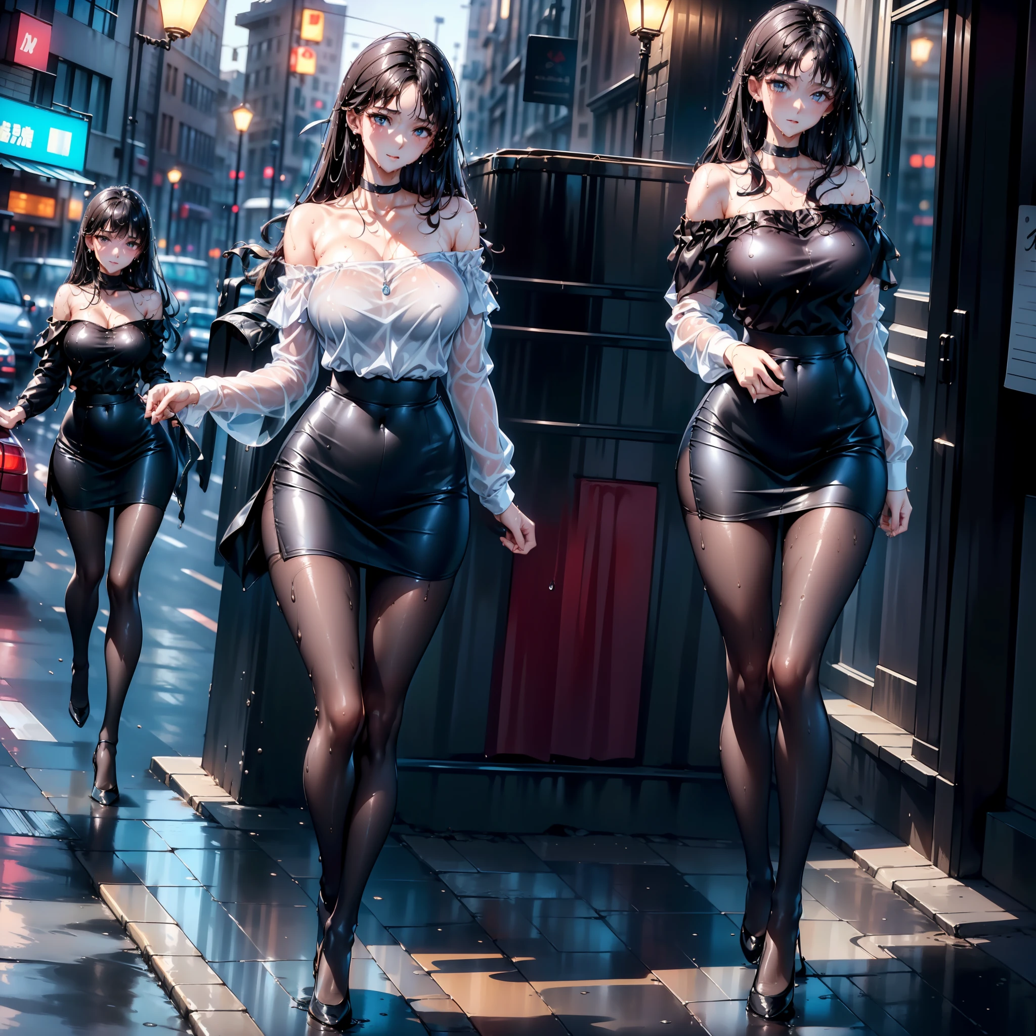 Three women in latex walking down a city street in the rain - SeaArt AI