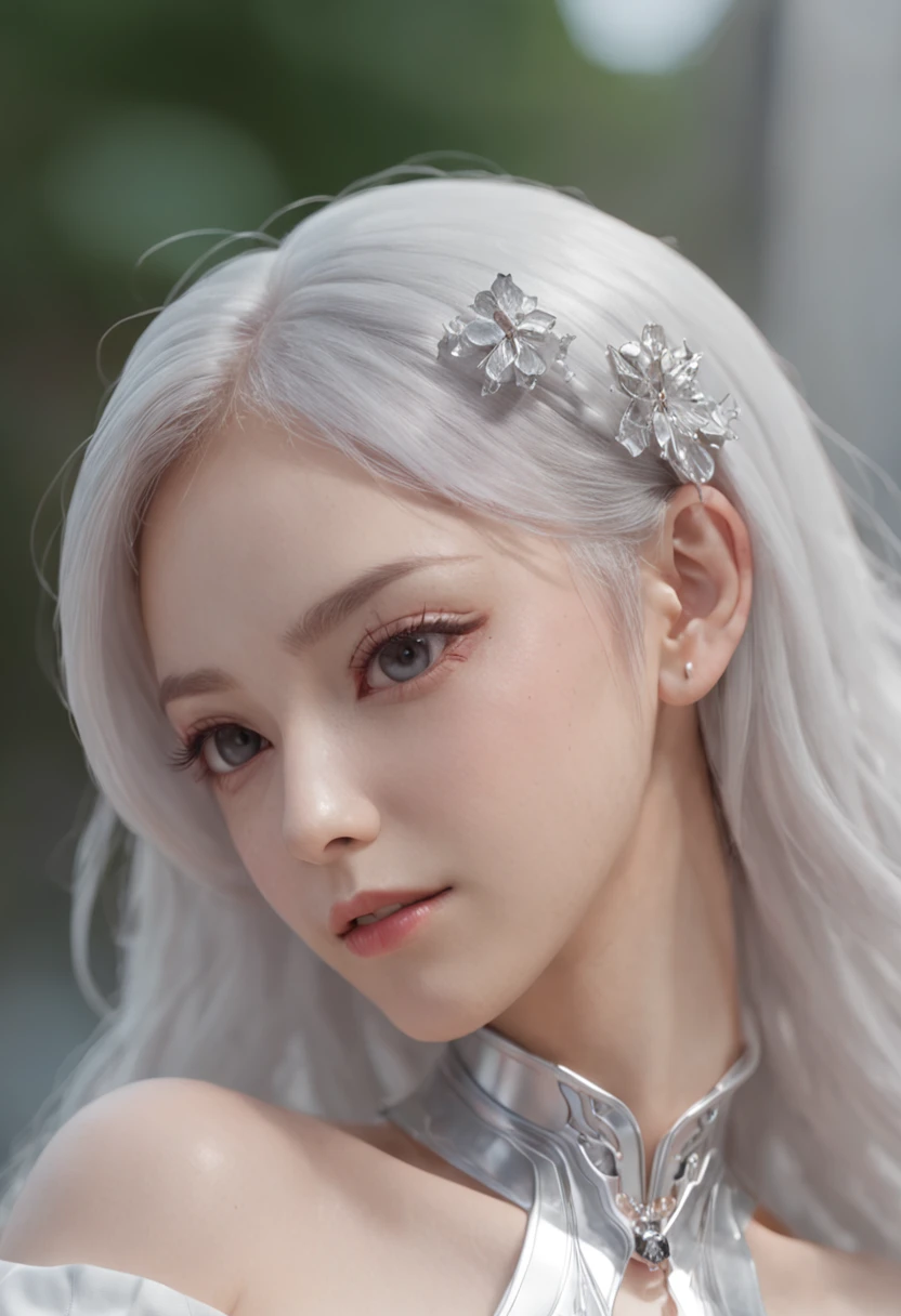 Hyper-realistic,Live-action photo,Stunning beauty,half-body shots,One wearing a pink metal mechanical skirt on a solid background,Silver-white shawl haired woman, 3 D rendering character art 8 K, Cyborg - Girl with white hair, beautiful female android!, beautiful female android, perfect android girl, beautiful android woman, smooth digital concept art, smooth 3d cg render,, sci - fi character, Beautiful robot character design,ssmile,largeeyes,The upper part of the body,cute delicate face, Extremely beautiful face, beautiful delicate face, Stunning anime face portrait, beautiful aesthetic face, Detailed beautiful face, girl cute-fine face, Realistic beautiful face, Beautiful realistic face, beautiful and realistic faces, girl with white eyes,Right shoulders,Blue has God's eyes,Ultra-delicate smooth skin,Asian face shape,Girl futuristic white and pink shiny metallic silver white long dress,Smile without showing your teeth,ssmile,二重まぶた,Purple pupils,largeeyes,Clear strands of hair,Show your upper body,Elongated arms,White skin of the,True ambient colors,20 years old young face,The eyes are crystal clear,Shorten the interpupillary distance,smiling at her lips,Happy expression,purple eyeshadow,Straight nose,rosy lips,Complete facial features,18-year-old girl,Erotic smile,A full-face photo of the front of the face,Bright surroundings,Dress conservatively,Smooth skin,Shawl hair