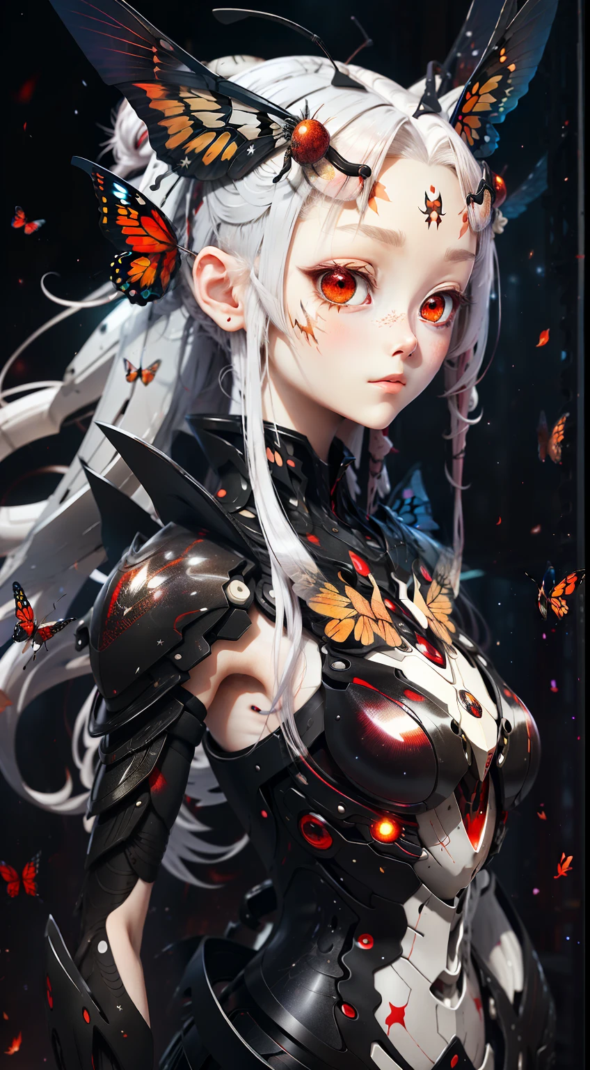Anime 15 year old insect girl with scarlet eyes, Pale hair, and jet black armor,Her eyes were firm, It has red butterfly wings and black insect antennae, Long loose hair with slightly curls,There are flames all around