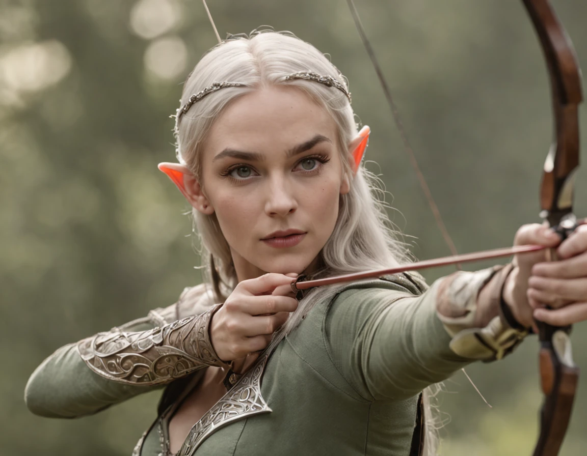 Female elven warrior shooting a bow, deep forest, blowing in the wind, (Highest Quality), Delicate and beautiful details,