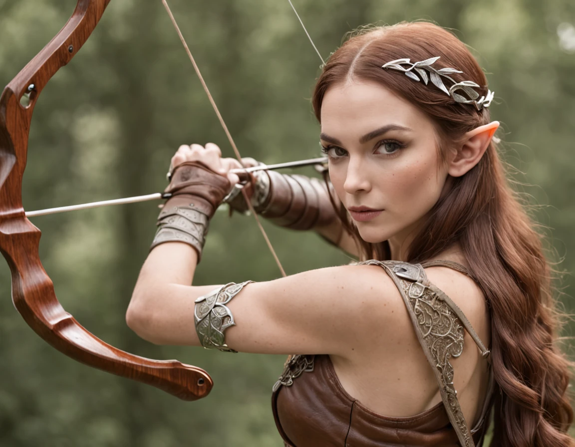 Female elven warrior shooting a bow, deep forest, blowing in the wind, (Highest Quality), Delicate and beautiful details,