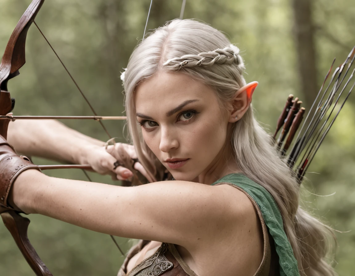 Female elven warrior shooting a bow, deep forest, blowing in the wind, (Highest Quality), Delicate and beautiful details,