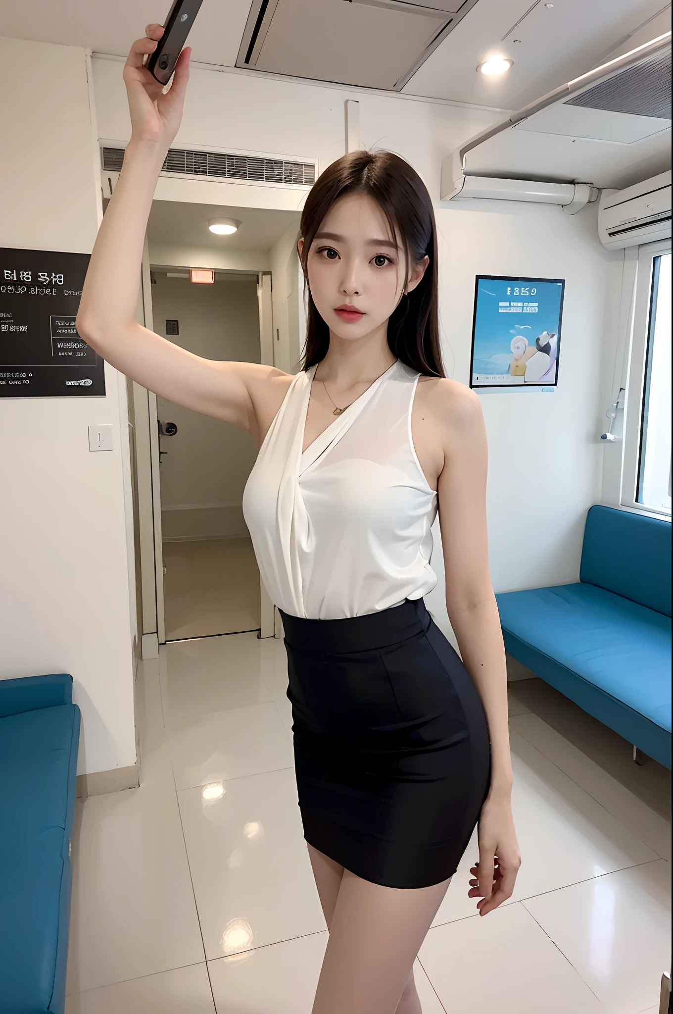 face is :9,1270442595], Arafe woman in short skirt and white shirt in subway,  (Wearing pantyhose), 165 cm tall,  Japanese Models, 155 cm tall, Korean Girl,Gorgeous young Japan woman, Engaging pose, goddess of Japan, Korean Woman, けもの, Realistic Pantyhose、Raw photo, (8K、top-quality、​masterpiece:1.2)、(intricate detailes:1.4)、(Photorealsitic:1.4)、octane renderings、Complex 3D rendering ultra detail, Studio Soft Light, Rim Lights, vibrant detail, super detailing, Realistic Pantyhose、realistic skin textures, Detail Face, Beautiful detail eyes, Very detailed CG Unity 16k wallpaper, make - up, (detailedbackground:1.2), shinny skin、Exposed thighs!!!