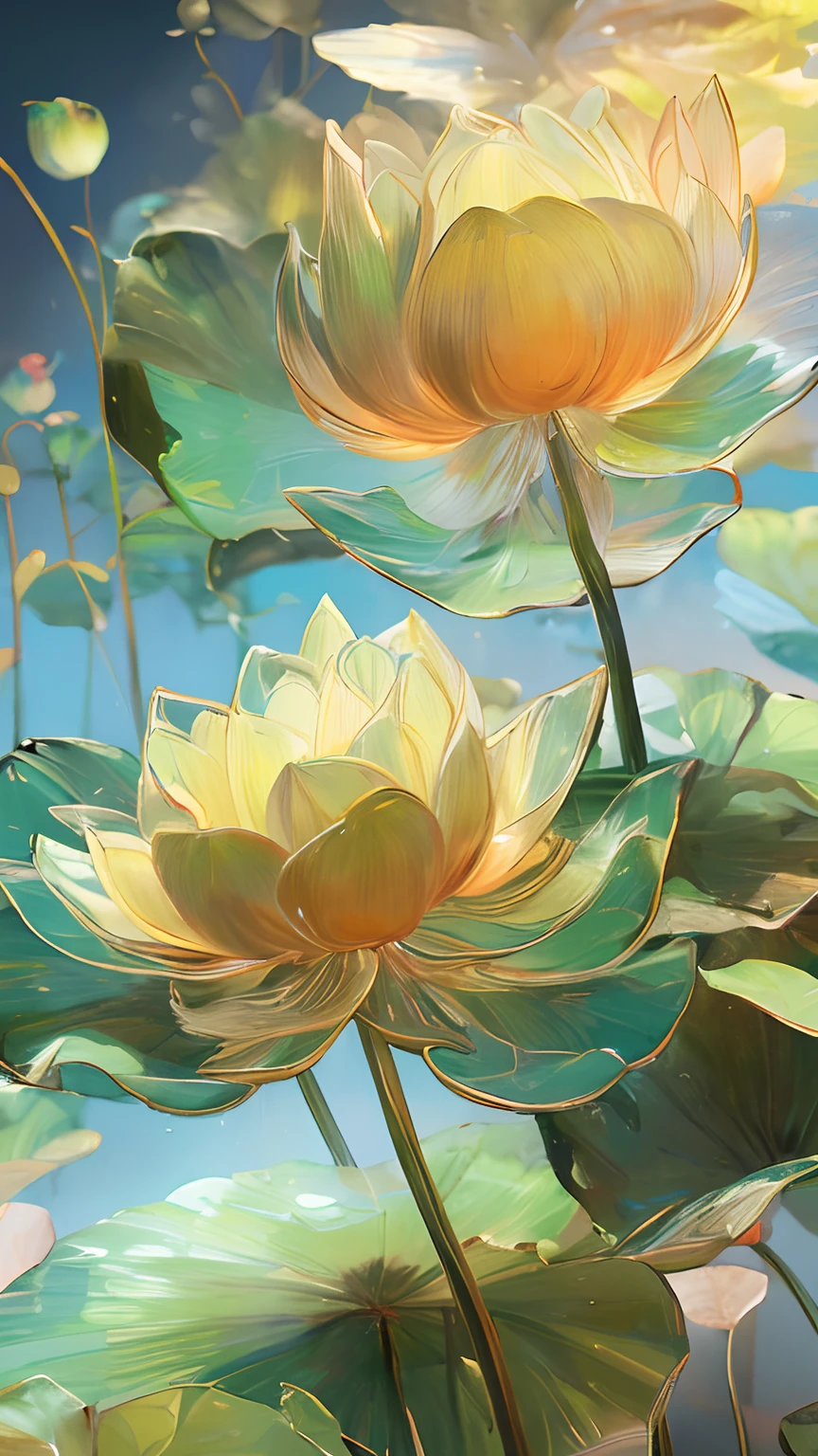 ((There is only one lotus leaf))，golden colored，green color，vein，Glass texture、Light，Spectral light， Gradient translucent glass melt, Caustics, cleanness