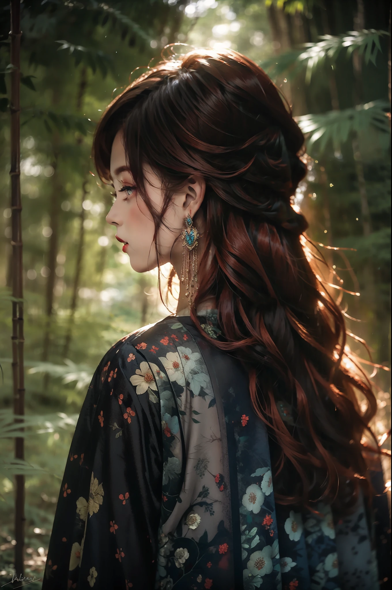 redhead woman , From behind, look at the darker and darker enchanted forest
