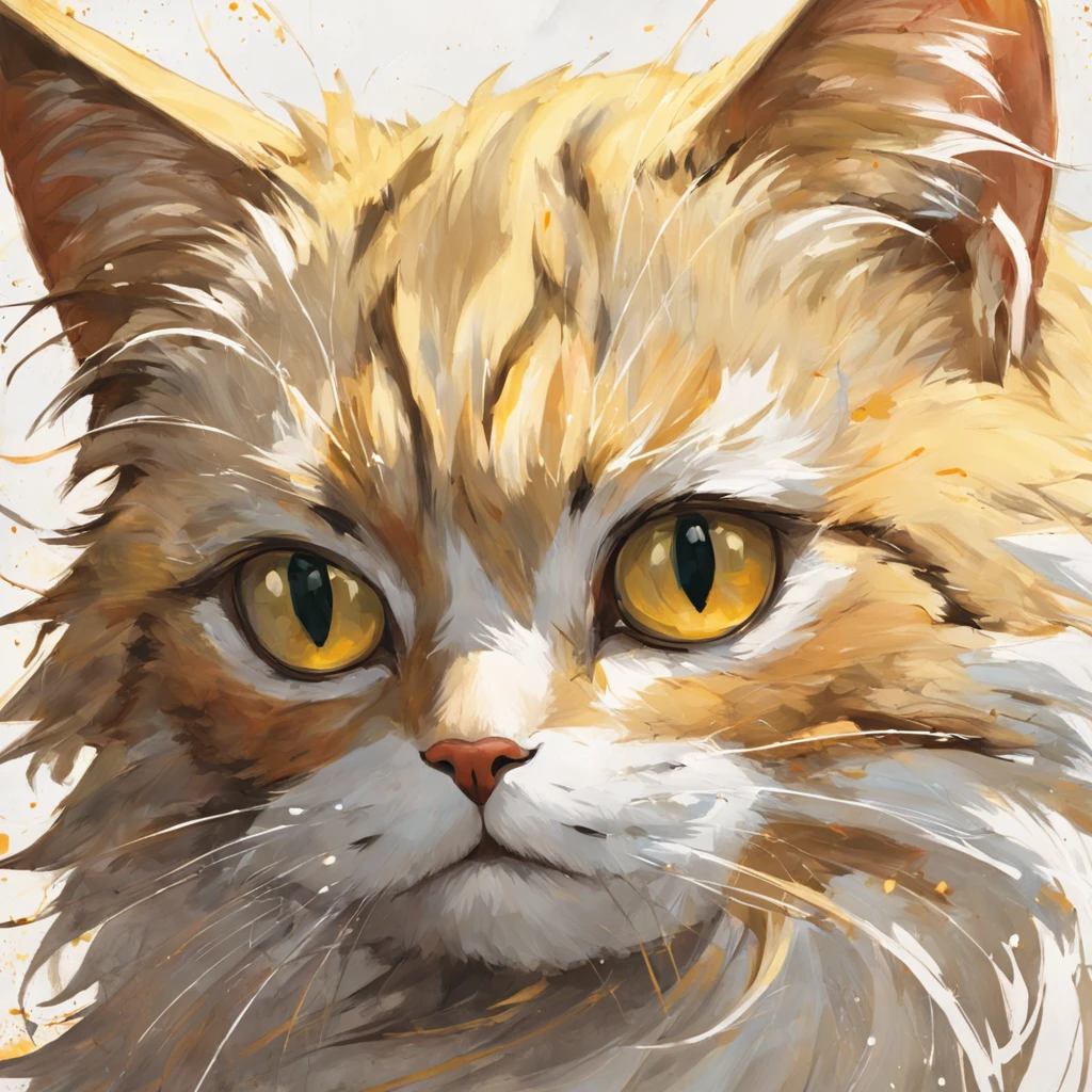 Gato en el arte, furry cat, Aseo de ojos estrechos、ocio、Color principal ?????, Color secundario cian, Fondo amarillo dorado, artistic, sofisticado, Warm style, Las formas incluyen gatos abstractos, Playful forms, Pieza elegante, Las texturas incluyen texturas de pelaje, Pintura lisa, textura de la tela, Lines contain elegant lines, Curvas naturales, Silueta delicada, La forma es elegante, accesible, expresivo, aesthetic.
