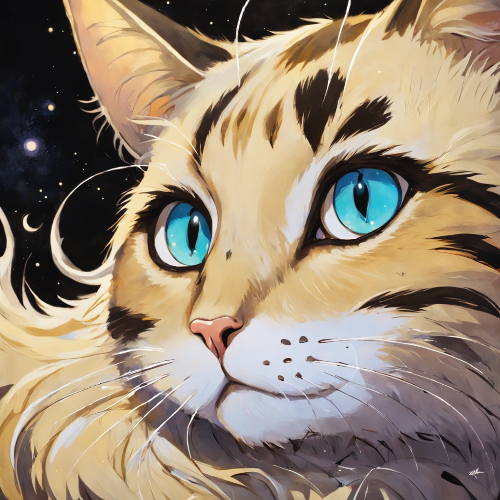 Gato en el arte, furry cat, Aseo de ojos estrechos、ocio、Color principal negro, Color secundario cian, Fondo amarillo dorado, artistic, sofisticado, Warm style, Las formas incluyen gatos abstractos, Playful forms, Pieza elegante, Las texturas incluyen texturas de pelaje, Pintura lisa, textura de la tela, Lines contain elegant lines, Curvas naturales, Silueta delicada, La forma es elegante, accesible, expresivo, aesthetic.