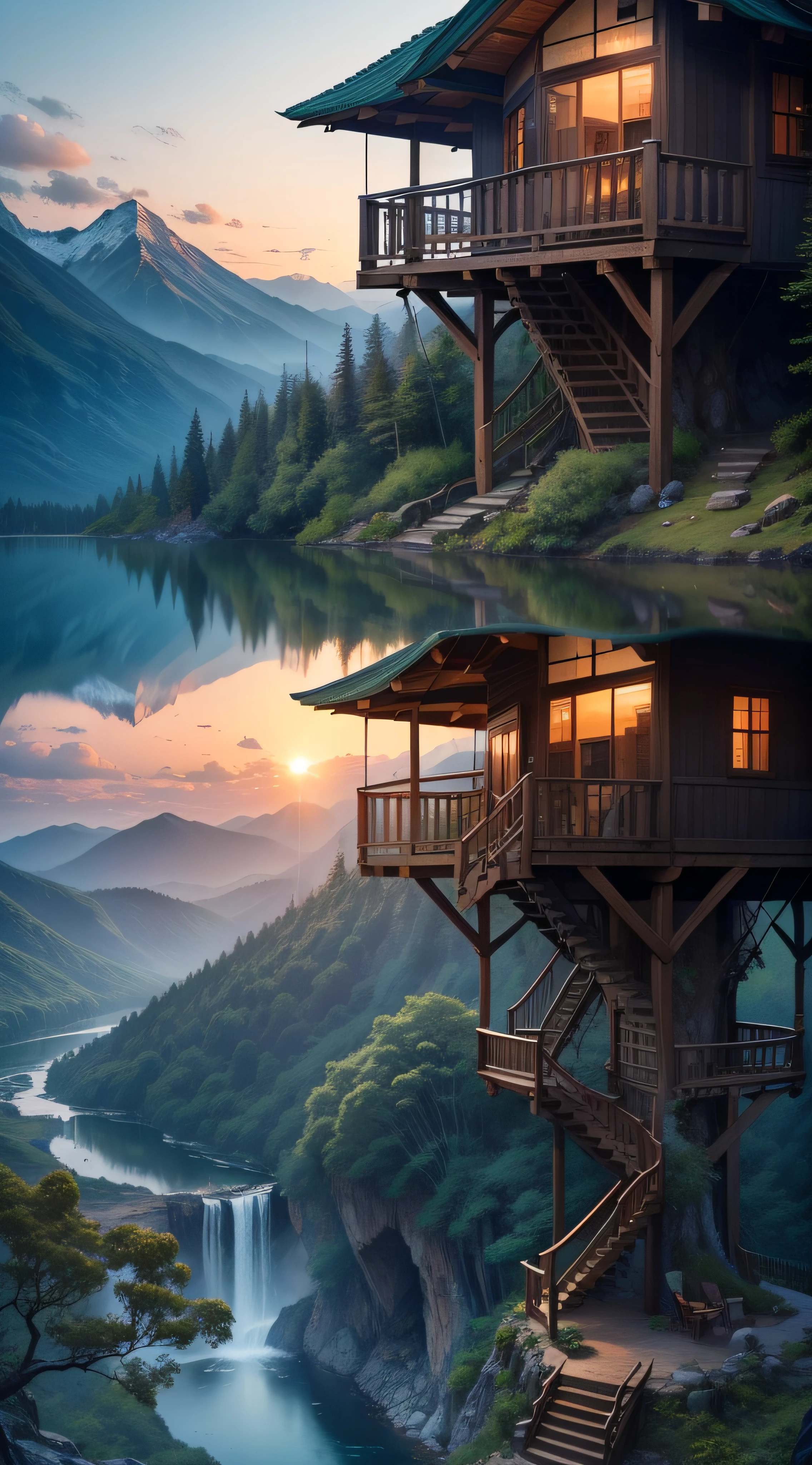"A picturesque tree house nestled amidst stunning mountains, overlooking a majestic waterfall. The waterfall cascades gracefully, revealing a breathtaking view of a vibrant sunset. A serene lake or pond lies nearby, with charming small boats gently drifting on its tranquil waters."
