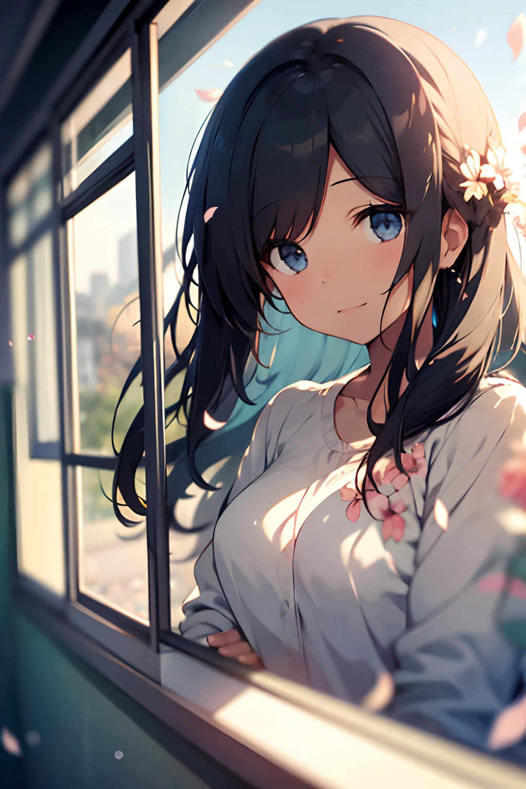 a girl, (out the window:1.1), (outside view:1.1), From the third person, fluttering petals, (depth of field, blurry, blurry background, bokeh:1.2)