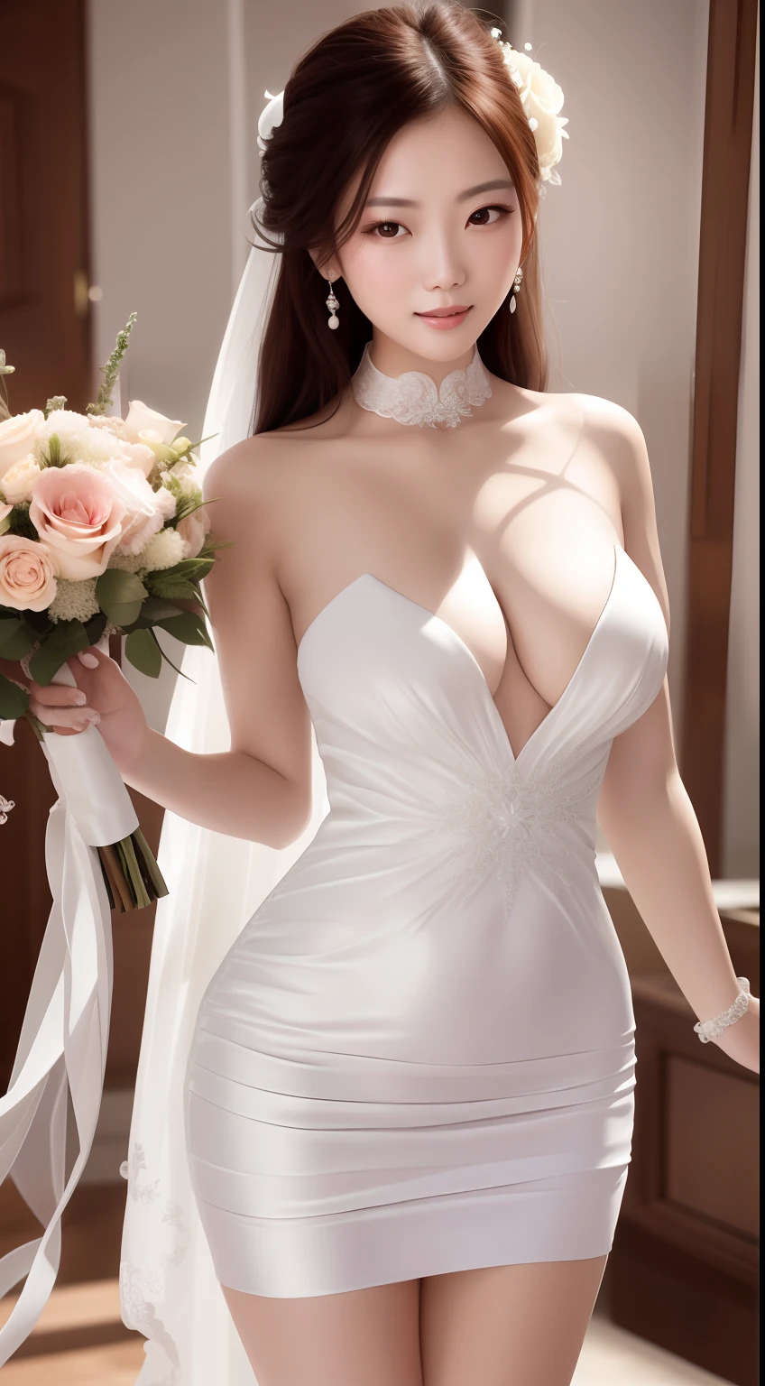 A woman in a white dress holds a bouquet of flowers, sexy gown, Sexy dress, smooth white tight clothes suit, opened dress, dressed in a beautiful white, White gown, very attractive and beautiful, Wedding dress, a beautiful woman in white aodai, Beautiful goddess, dressed in a beautiful, stunning elegant pose, Satin, Sexy girl, dressed beautiful gown, gorgeous chinese models