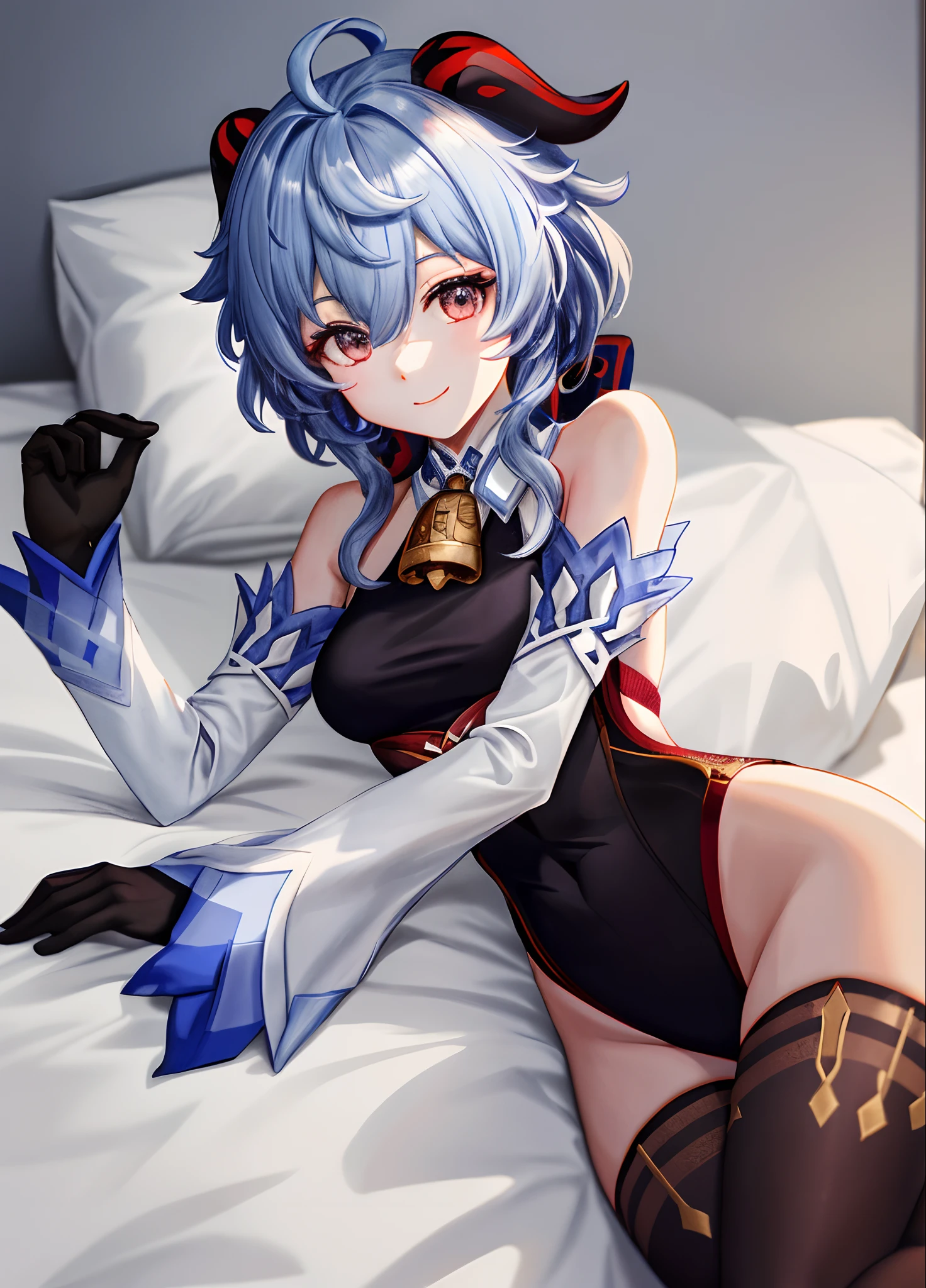 ganyudef, The upper part of the body, ssmile, Be red in the face, simple backgound, short detailed hair, looking at viewert, ,Wear black stockings,Lying in bed
