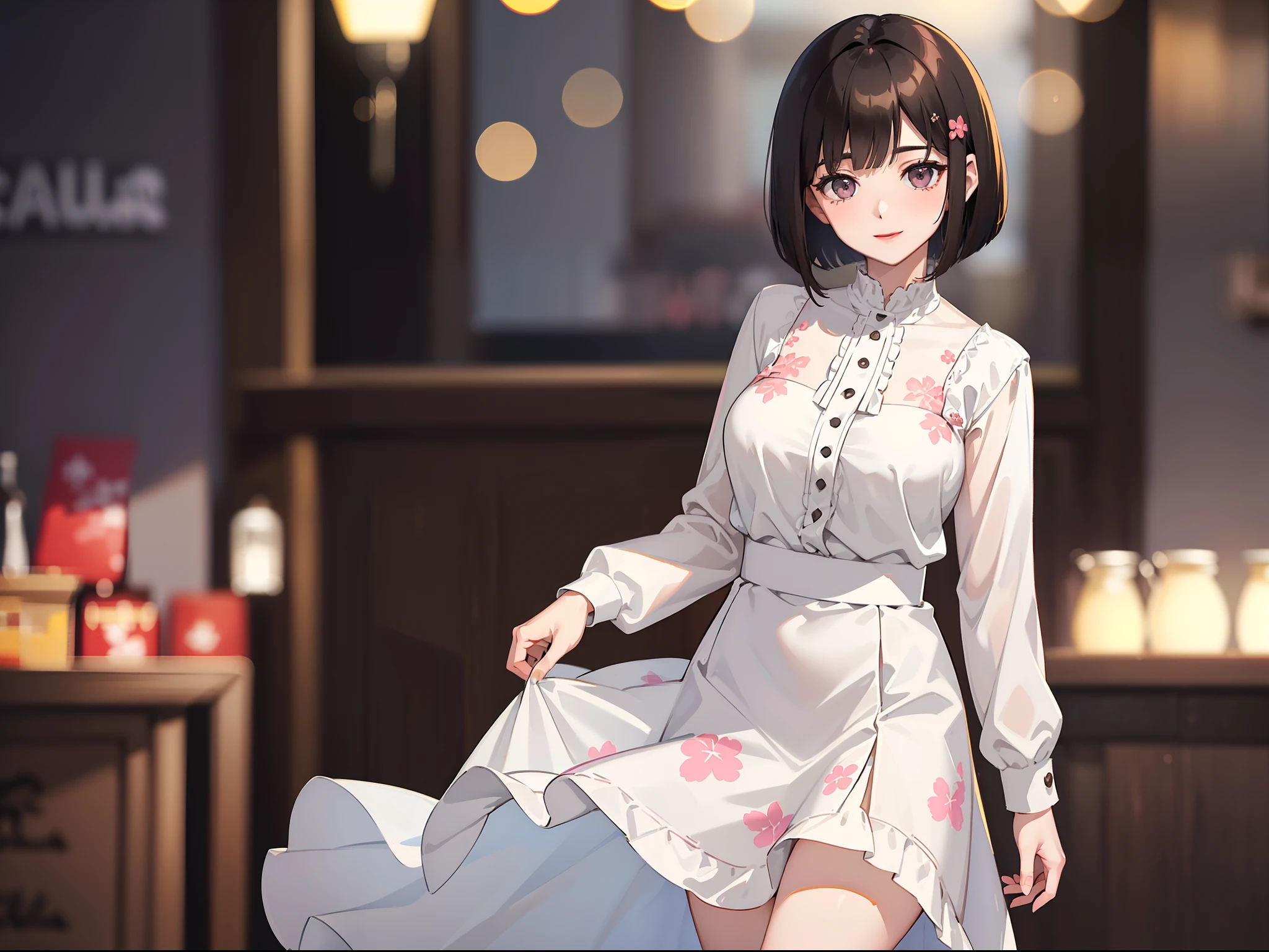 1womanl、in her 20s、(A dark-haired、Short Bob:1.4)(a smile、Dye cheeks:0.992)(The upper part of the body、A slender:1.4)(White blouse、Flared skirt with floral pattern)(Background bokeh:1.2)、city scenery