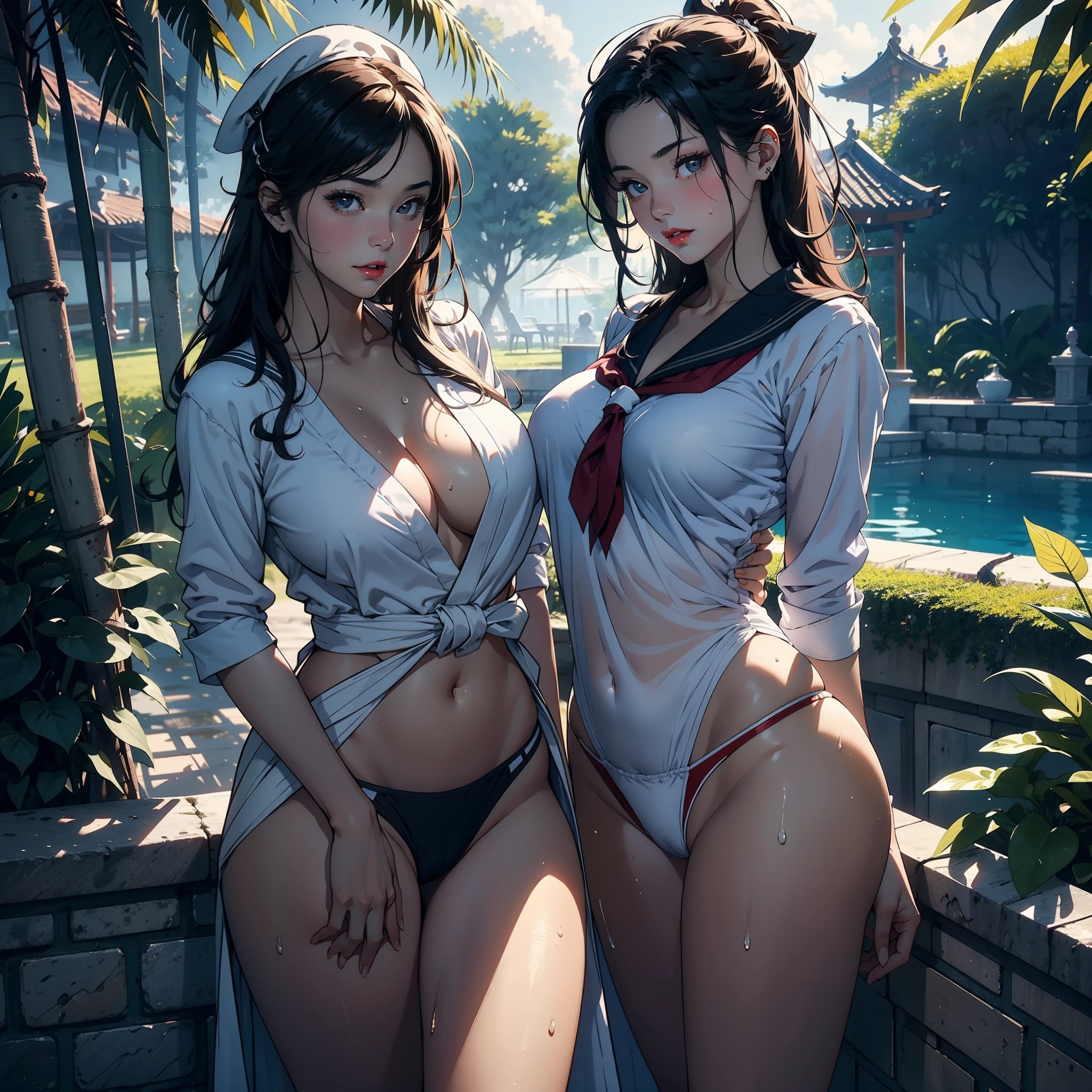 5 women,36 years old,熟妇,mature,Bigchest,Big breasts Thin waist,long leges,Raised sexy,Pornographic exposure, 独奏,Multiple women stand side by side on the grass(Background with:bamboo forrest,swimmingpool) She has short black hair,Sweat profusely,drenched all over the body,seen from the front, hair straight, mostly cloudy sky,(((tmasterpiece),(Very detailed CG unity 8K wallpaper),best qualtiy,cinmatic lighting,detailed back ground,beatiful detailed eyes,Bright pupils,(Very fine and beautiful),(Beautiful and detailed eye description),Black eyes,Redlip,ultra - detailed,tmasterpiece,)),facing at camera,(The upper part of the body),A high resolution,ultra - detailed),revealing breasts,Bare genitalia, Bulge,legs are open,sexyposture,Camel toes,Flushed complexion,Open-mouthed,frontage,elementary student,Sailor's cap(Wearing:校服,Sailor uniform,,dynamicposes)