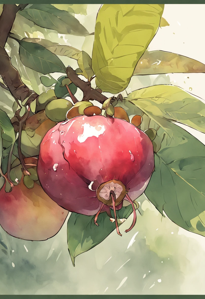 white backgrounid,Mangosteen, watercolor paiting, full color digital illustration ,the fruits、mangosteen