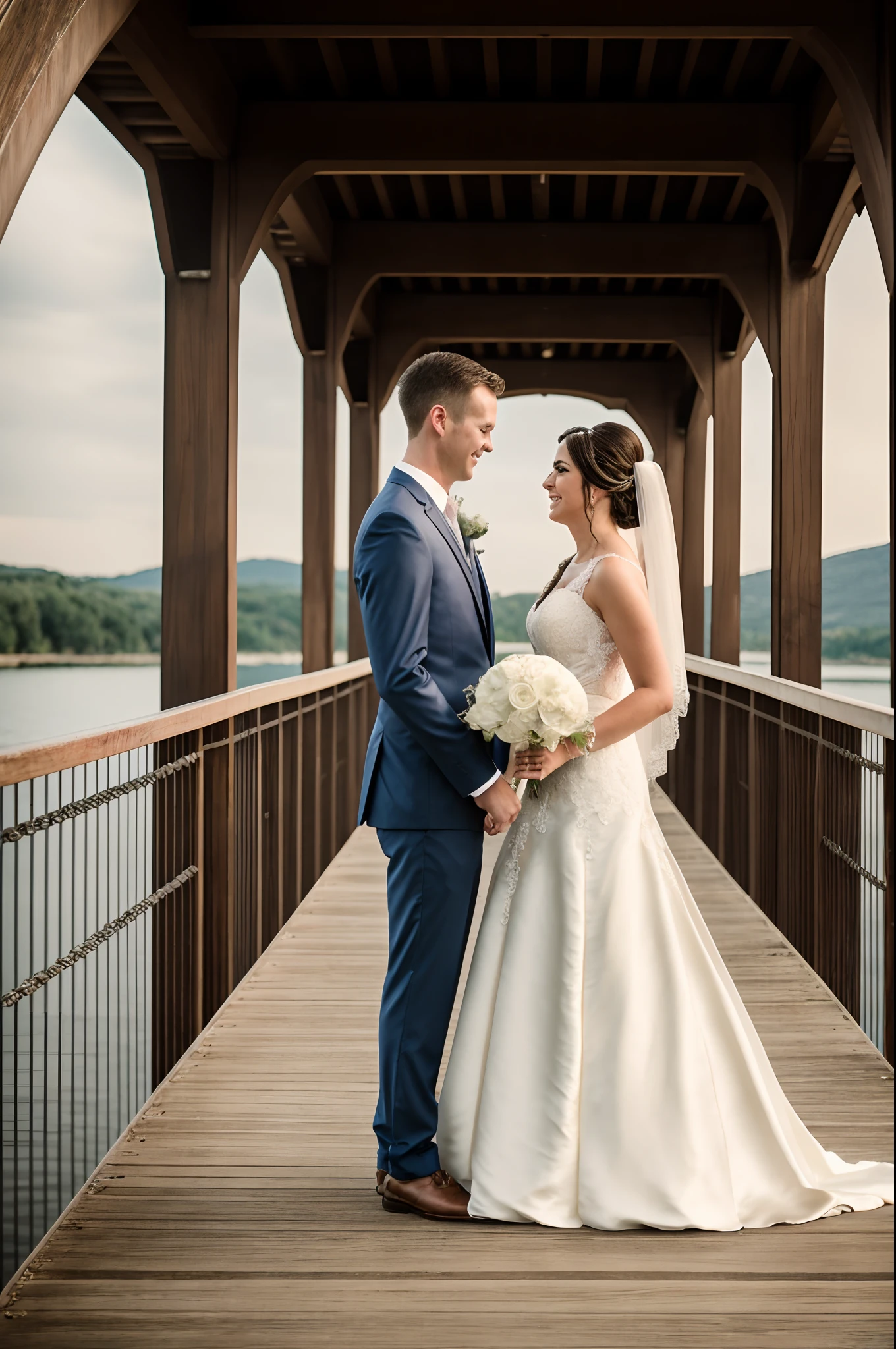 bride and groom standing on a bridge looking at each other, wedding photo, wedding photography, bride and groom, fotografia, wedding, professional wedding photography, photo taken with nikon d750, photo taken with nikon d 7 5 0, lovely couple, couples portrait, post processed denoised, color corrected, professionally retouched, sandra chevier, photo from the back