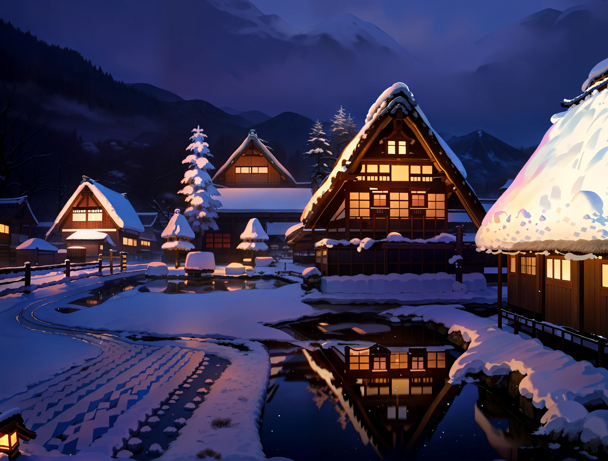 Snowy landscape of small village with pond and thatched roof, japanese village, Winter settings, thatched roofs, House with thatched roof, magical village,  rural japan, snowy night, Snow glow,  countryside in japan, snowy winter,  (Snow), Quaint village