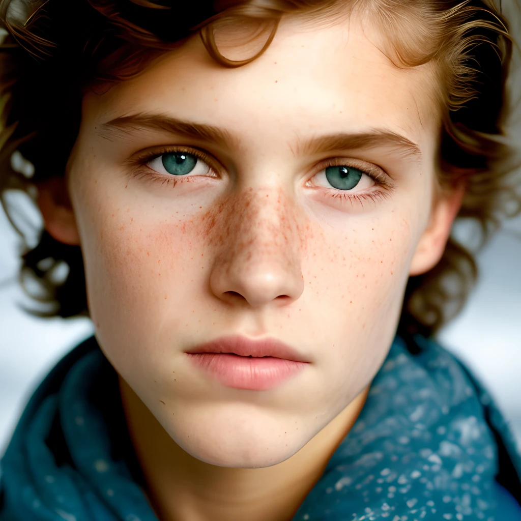 Color portrait in RAW format with high detail close-up of pale handsome -yeld yo boy (()) (((Slim) with angular face, big eyes)), ((wearing rags, damaged)) cape, Realistic, Symmetrical, Highly detailed, sharp lighting, Cinematic lighting, Artists: artgerm & by Greg Rutkowsky & Alphonse Mucha, serious eyes, Contrast, Textured skin, cold skin pores, hasselblad, 45 degree, hard light, gigapixel , legs visible, flawless face, freckles, Perfectly shaven
