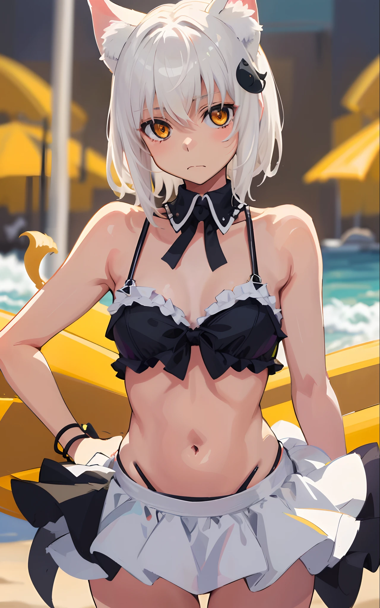 Best quality, (masterpiece:1.2), highly detailed, standing, beach, cat ears, 1girl, solo, tojo koneko, looking at the viewer, closed mouth, (upper body:1.2), small breasts, yellow eyes, white hair, short hair, hair decoration, ruffled bikini, erotica