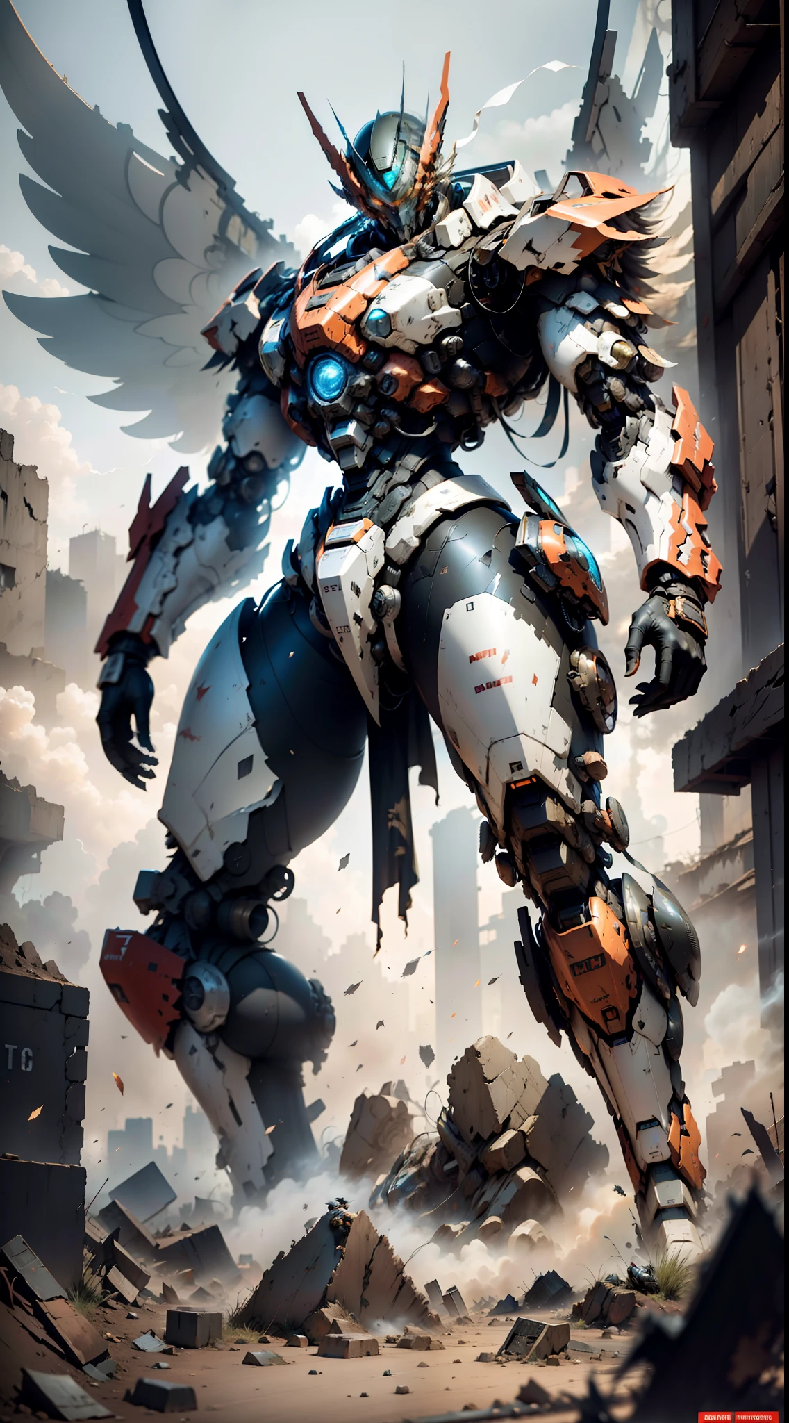 city ruins，The smoke and dust of war，massive wings，Male mech，Combat posture，High quality Ultra HD