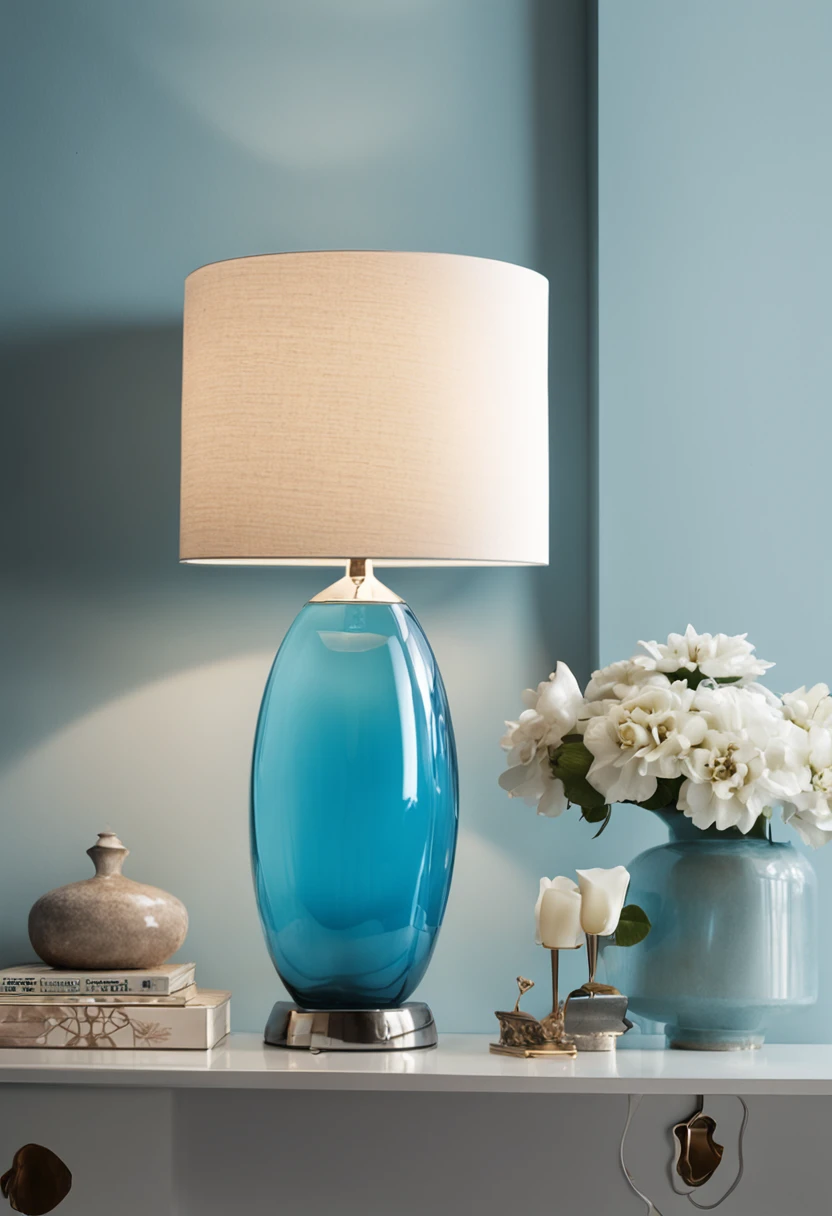 There was a blue glass lamp on the table，Shades of white, famous designer lamp, Standing lamps are luxurious, light fixtures, light blues, mellow sky blue lighting, soft blue light, table light, with blue light inside, stylish lighting, Blu-ray accents, Blue light, extremely good quality lighting, lamp lights, exceptional lighting, Light blue, bright and vivid lighting, teal lighting，book，