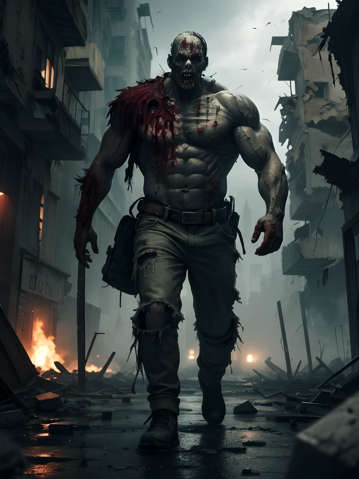 Zombies wander the destroyed city,Covered with black mold,realisticlying,concept-art,depth of fields,A giant zombie,musculature,
