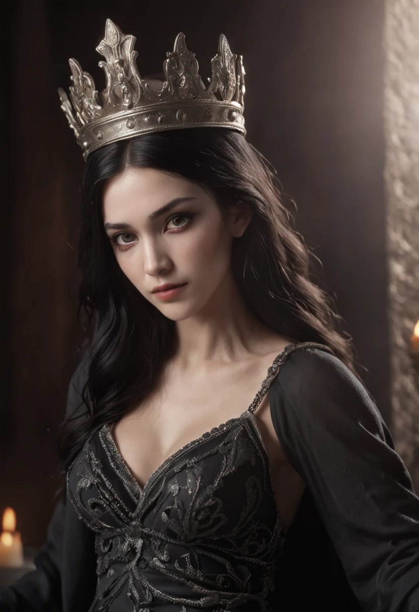 Young greek goddess of death and rebirth, With black hair and black eyes, Is pale skinned, Wears black robe and silver crown, Is young queen of hell, Is sitting on the throne, Is smiling coldly, abyss, underworld, styx, flame of hell, Greek mythology, mysterious atmosphere, super high quality, ultra accurate description of hands, HDR, photorealistic, super detail, masterpiece, 8K