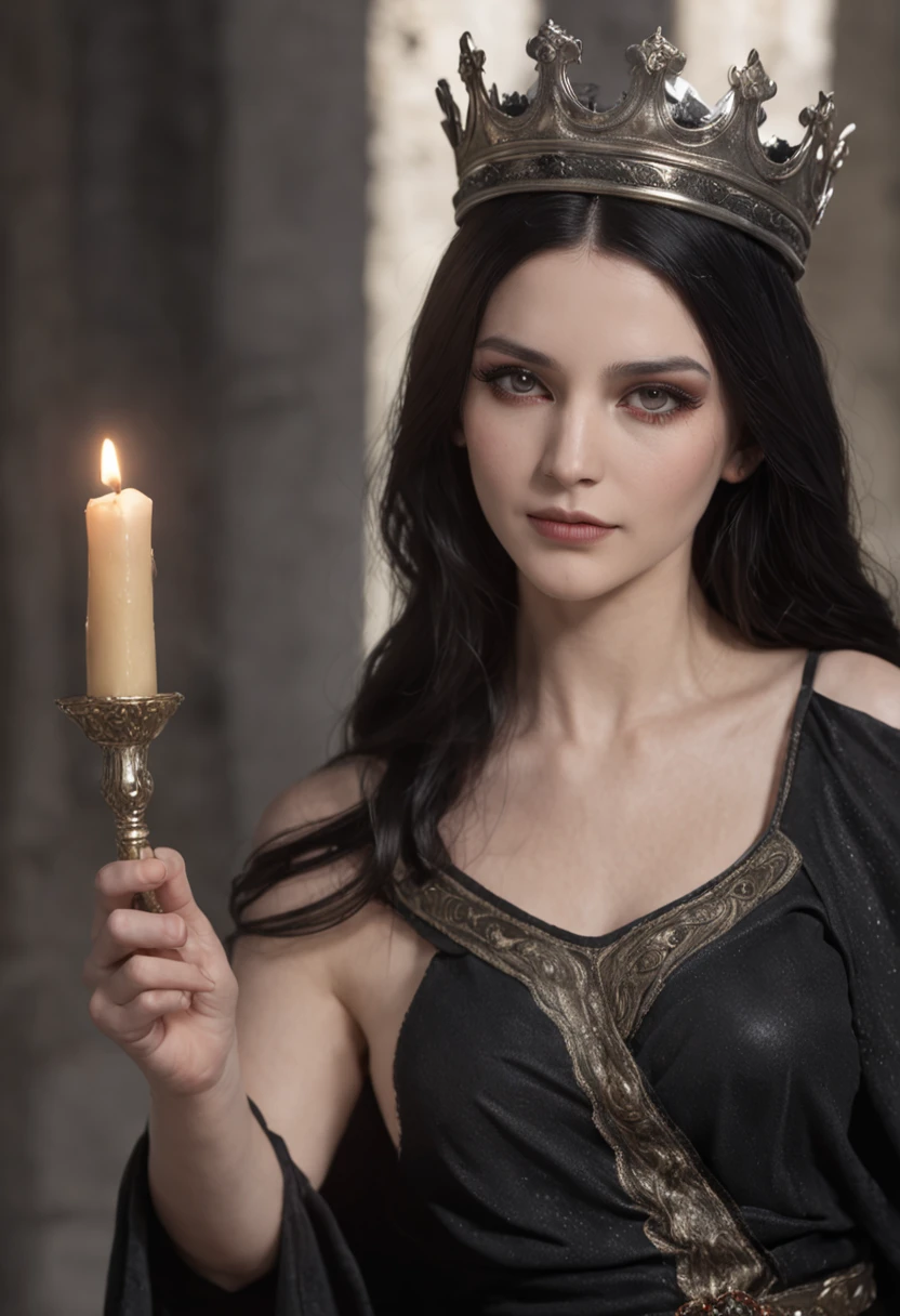 Young greek goddess of death and rebirth, With black hair and black eyes, Is pale skinned, Wears black robe and silver crown, Is young queen of hell, Is sitting on the throne, Is smiling coldly, abyss, underworld, styx, flame of hell, Greek mythology, mysterious atmosphere, super high quality, ultra accurate description of hands, HDR, photorealistic, super detail, masterpiece, 8K