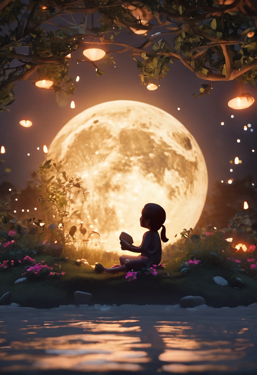 the night,the huge moon,3D cartoon of a cute little girl sitting under a tree, lanterns,Light shines through the leaves,Quiet, Peaceful, Dreamy