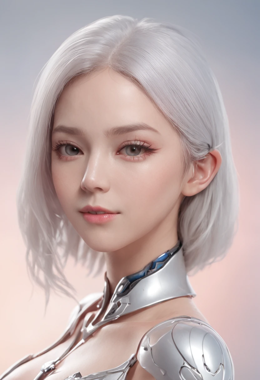 Hyper-realistic，Live-action photo，Stunning beauty，half-body shots，One wearing a pink metal mechanical skirt on a solid background，Silver-white shawl haired woman, 3 D rendering character art 8 K, Cyborg - Girl with white hair, beautiful female android!, beautiful female android, perfect android girl, beautiful android woman, smooth digital concept art, smooth 3d cg render,, sci - fi character, Beautiful robot character design，ssmile，largeeyes，The upper part of the body，cute delicate face, Extremely beautiful face, beautiful delicate face, Stunning anime face portrait, beautiful aesthetic face, Detailed beautiful face, girl cute-fine face, Realistic beautiful face, Beautiful realistic face, beautiful and realistic faces, girl with white eyes，Right shoulders，Blue has God's eyes，Ultra-delicate smooth skin，Asian face shape，Girl futuristic white and pink shiny metallic silver white long dress，Smile without showing your teeth，ssmile，二重まぶた，Purple pupils，largeeyes，Clear strands of hair，Show your upper body，Elongated arms，White skin of the，True ambient colors，20 years old young face，The eyes are crystal clear，Shorten the interpupillary distance，smiling at her lips，Happy expression，purple eyeshadow，Straight nose，rosy lips，Complete facial features，18-year-old girl，Erotic smile，A full-face photo of the front of the face，Bright surroundings，Dress conservatively，Smooth skin，Shawl hair