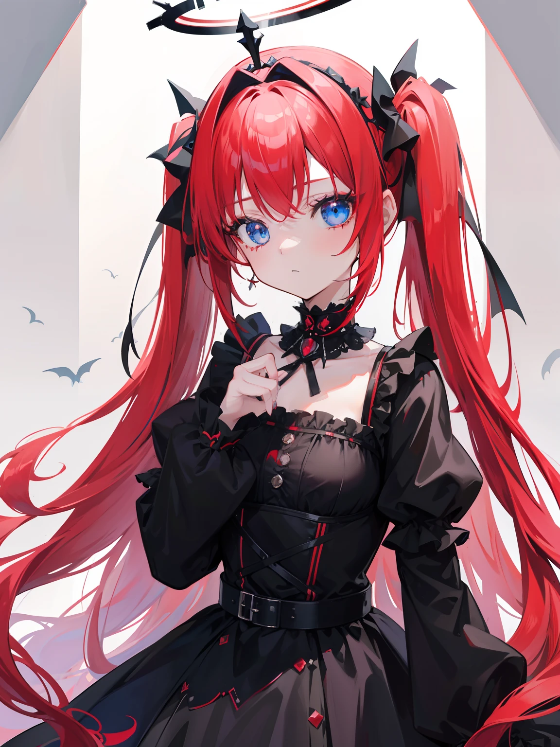 Red hair, Blue eyes, twintails, Goth Lolita, Darkgoth, Collar,Crown tiara,pride,solo,loli,Long hair,{{best quality}}, {{masterpiece}}, {{ultra-detailed}}, {illustration}, {detailed light}, {an extremely delicate and beautiful},little girl,cute,halo