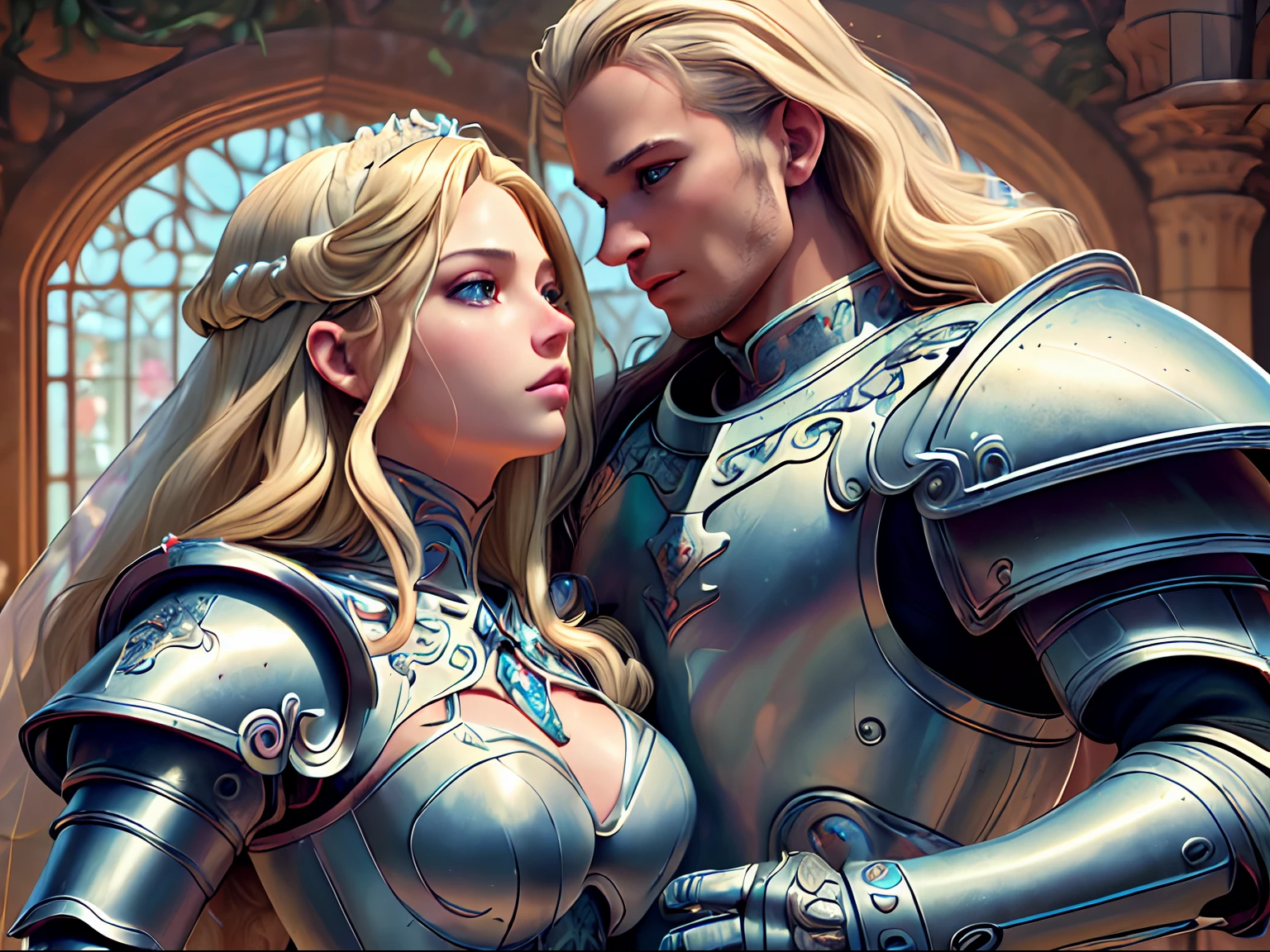 arafed, high details, best quality, 8k, [ultra detailed], masterpiece, best quality, (extremely detailed), dynamic angle, ultra wide shot, RAW, photorealistic, a wide angle picture of a wedding between a knight and her prince in medieval castle, a female human knight, pic beautiful human woman (best details, Masterpiece, best quality), ultra detailed face (best details, Masterpiece, best quality), blond hair, long hair, wavy hair, green eyes, wearing heavy mecha armor, white armor, intricate details armor (best details, Masterpiece, best quality), white metallic armor, armor shines BREAK, and a human male prince, beautiful human man (best details, Masterpiece, best quality), ultra detailed face (best details, Masterpiece, best quality), black hair, short hair, blue eyes, wearing, medieval style clothes (best details, Masterpiece, best quality), noble clothes, fantasy castle background, Ultra-Wide Angle, high detail, award winning, best quality, HD, 16K, 3D rendering, high details, best quality, highres, ultra wide angle, 3D rendering, [[anatomically correct]]