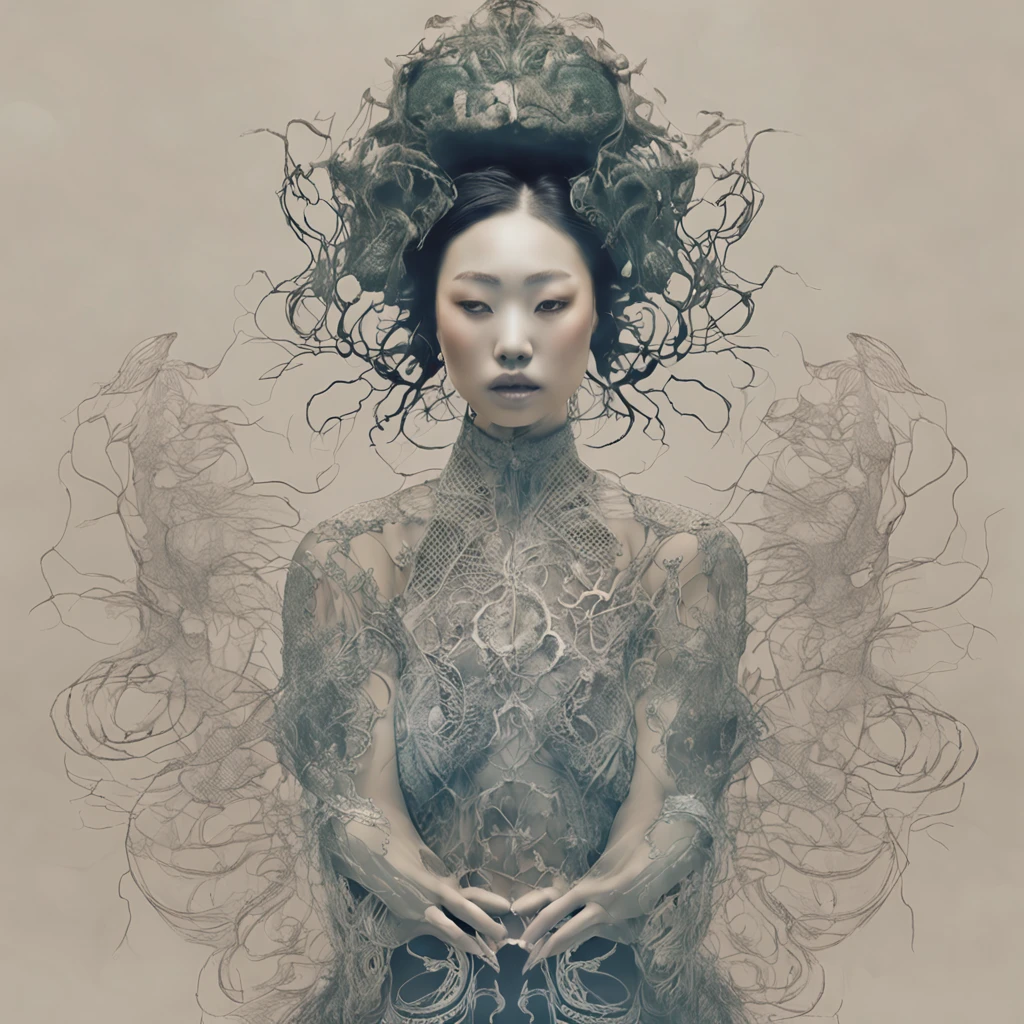 Best quality, Masterpiece, 超高分辨率, (photograph realistic:1.4), surrealism, Dream-like,fusionart, Beauty and ghosts, Tulle clothes, You control women, Raised sexy, Face details, The woman raised her hands, Tattoos on women,Dim background,Ghosts with masks,Miao clothing ornamentation