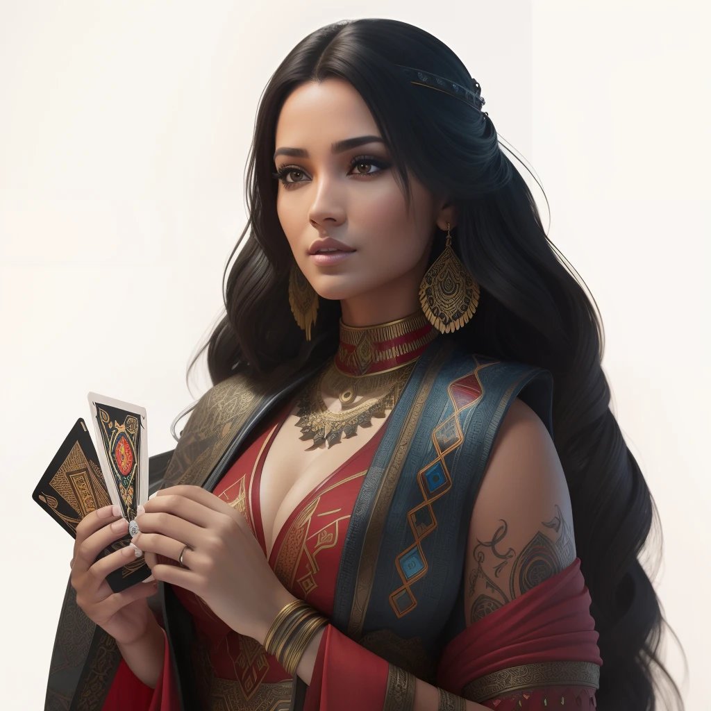 Create the image of an extremely beautiful, sensual, sexy woman, the most beautiful woman in the world, holding tarot cards in the background, a large exoteric mandala, dramatic lighting of the American Indians;, digital art trending on Artstation 8k HD high definition detailed realistic, circunstanciado, textura da pele, hiper detalhado, textura de pele realista, armadura, melhor qualidade, ultra high-resolution, (fotorrealista:1.4), high resolution, circunstanciado, Foto RAW, sharp re, by Lee Jeffries Nikon D850 film Stock Photography 4 Kodak Portra 400 camera F1.6 lens rich colors hyper realistic lifelike texture dramatic lighting unrealengine trending on artstation cinestill 800,