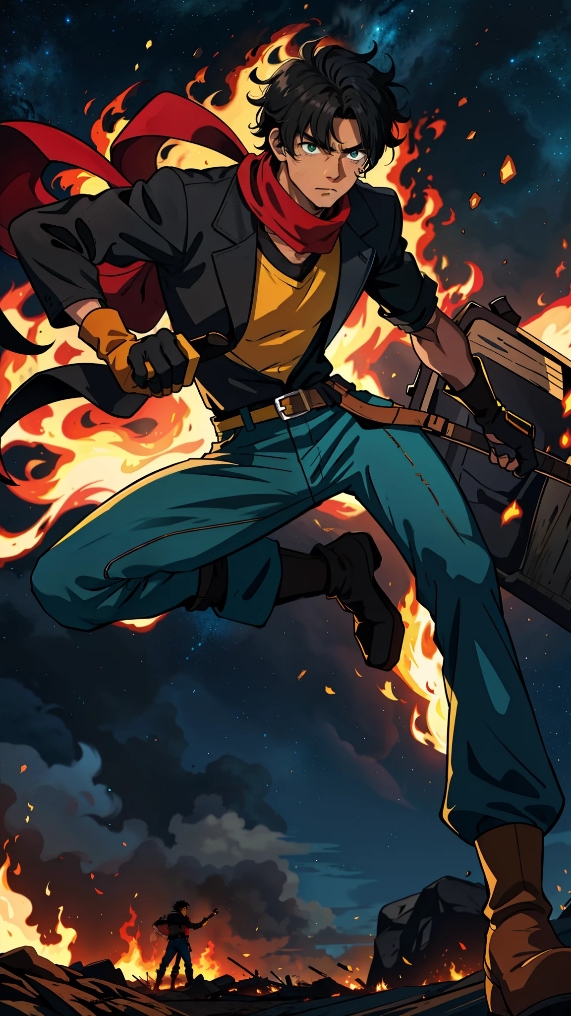 A boy, tall, black hair, abundant disheveled hair, brown skin, green eyes, a scar on his left eye, blue pants, high black boots, red scarf, yellow shirt, high black gloves, young, his arm covered by fire, apocalyptic background, night, anime, 2d, cartoon, comic