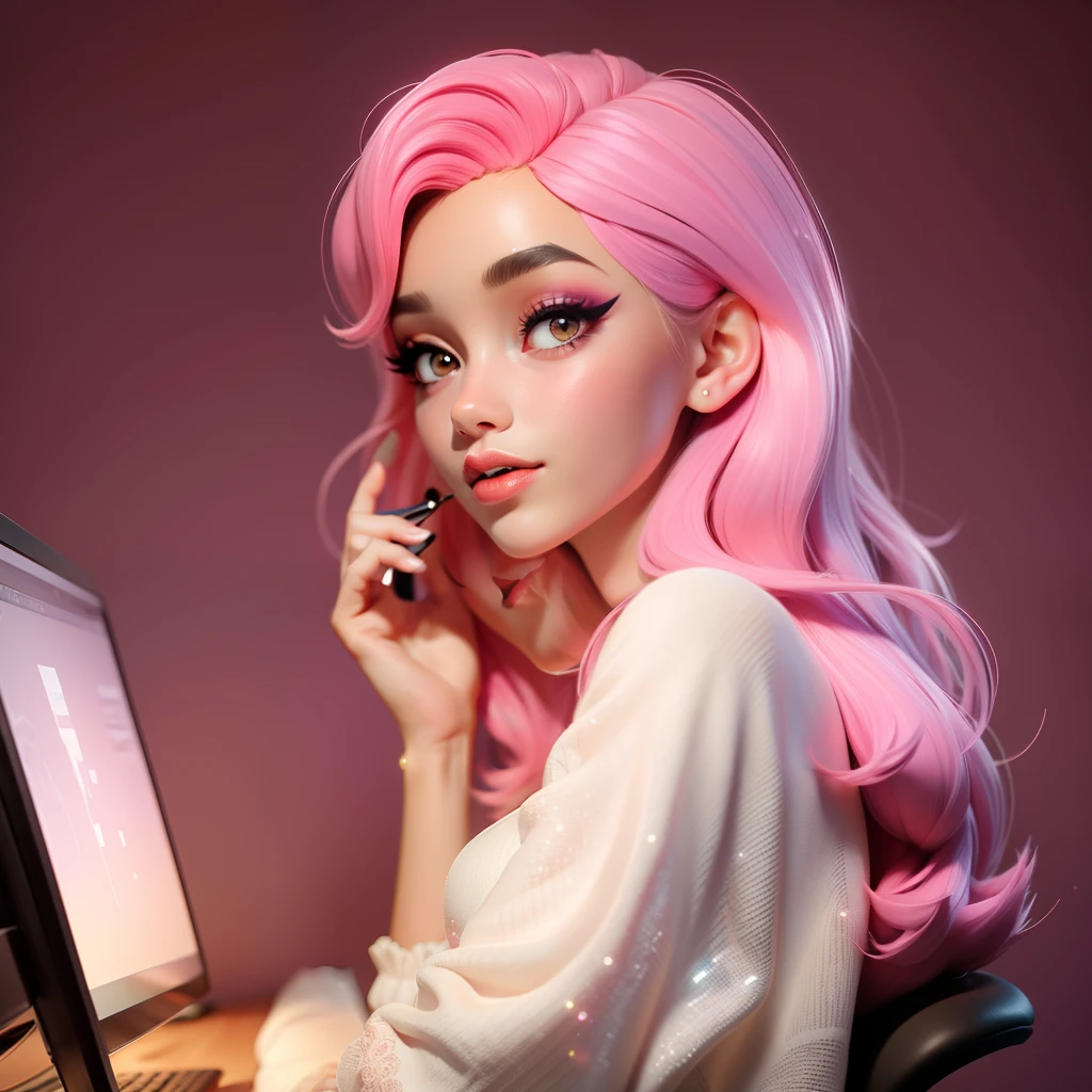 A morden Girl, brown skin, pink theme, sparkling simple make up, sparkling face, sparkling lips, hippie clothes, high quality pictures, her and her computer, nerd, sparkling pictures