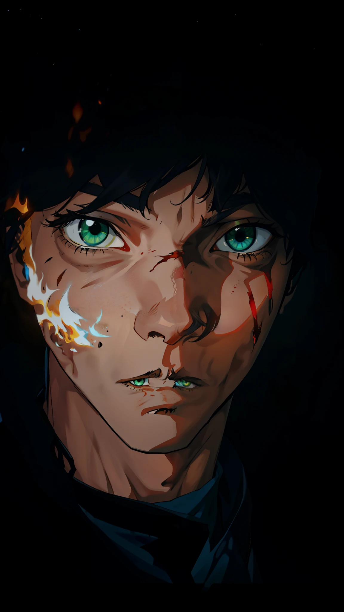 A boy, tall, black hair, abundant disheveled hair, brown skin, green eyes, a scar on his left eye, blue pants, high black boots, red scarf, yellow shirt, high black gloves, young, his arm covered by fire, apocalyptic background, night, anime, 2d, cartoon, comic