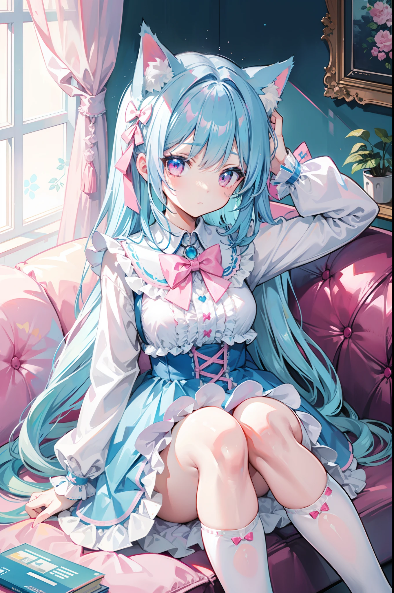 lightblue hair,Cat ears,Pink eyes,Light blue ta,White knee-length socks,pink bows,inside in room,sit on a bed,liveroom