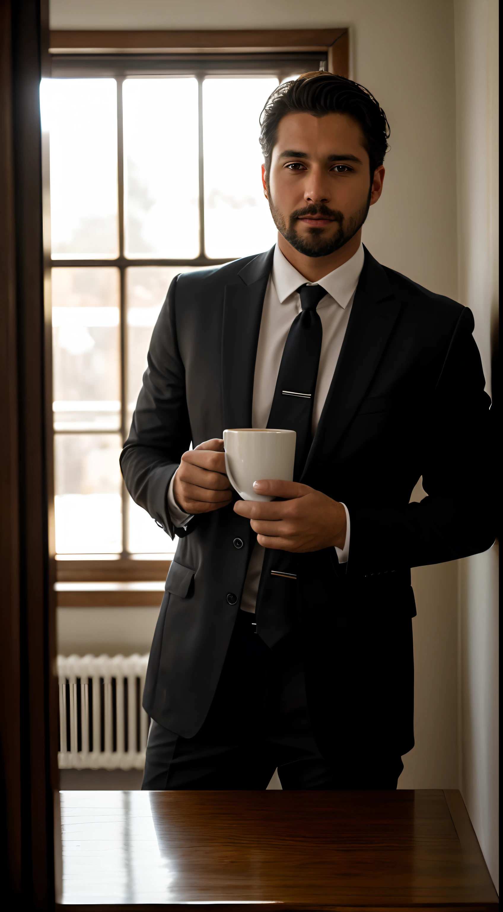 2hombres,
a 30 y.o Hombre musculoso con camisa NEGRA de manga larga y corbata, drinking coffee,
Soft lighting,
Obra maestra, La mejor calidad, 8k UHD, DSLR, Film grain, Fujifilm XT3 pintura fotorrealista por Midjourney y Greg Rutkowski