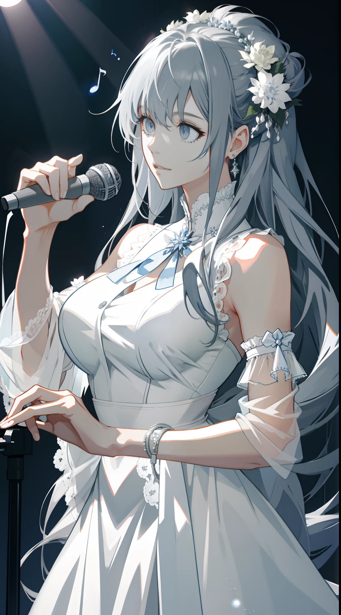 tmasterpiece,best qualtiy,1人の女性,AS-Adult,big breasts beautiful,Lovely and gentle,Delicate eyes and delicate face,Extremely detailed CG unified 8k wallpaper,Complicated details,Coffee's long hair,Transparent gray white dress,musicians,Musical attire,Recording studio,Composing music、Close-up of the bust in front of the microphone