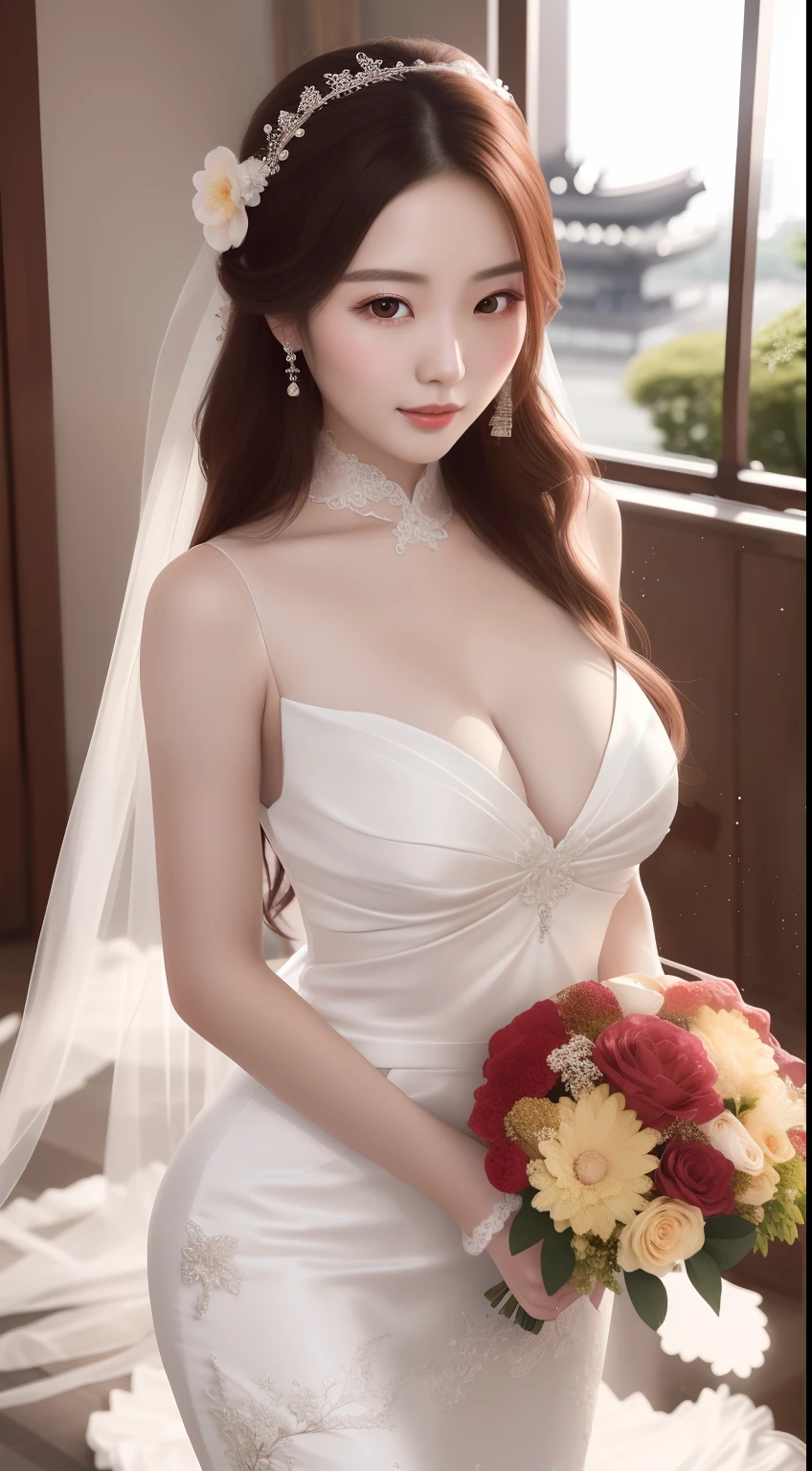 a close up of a woman in a wedding dress holding a bouquet, gorgeous chinese models, smooth white tight clothes suit, Middle metaverse, Japanese goddess, sexy gown, 2 7 years old, 2 9 years old, 2 8 years old, beautiful Korean women, Beautiful goddess, a beautiful woman in white aodai, 2 3 years old, Lovely woman