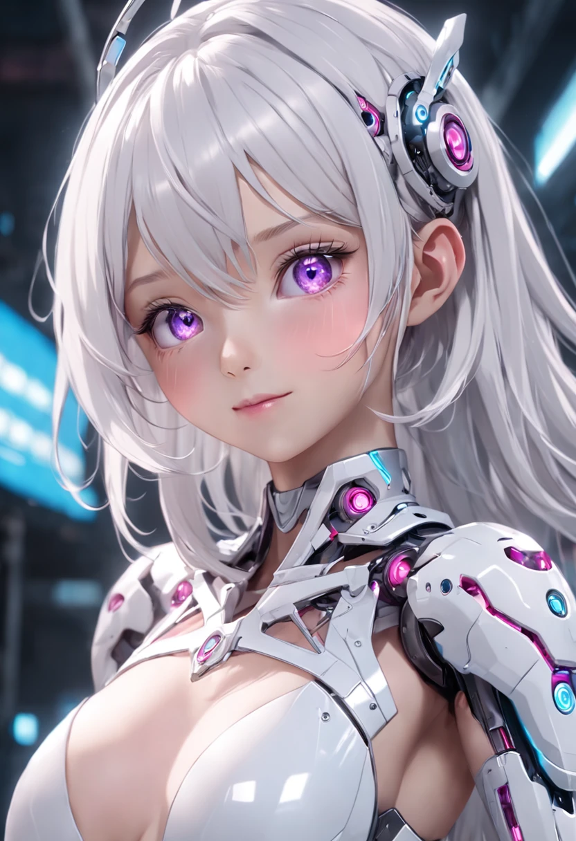 Hyper-realistic,Live-action photo,Stunning beauty,half-body shots,One wearing a pink metal mechanical skirt on a solid background,Silver-white shawl haired woman, 3 D rendering character art 8 K, Cyborg - Girl with white hair, beautiful female android!, beautiful female android, perfect android girl, beautiful android woman, smooth digital concept art, smooth 3d cg render,, sci - fi character, Beautiful robot character design,ssmile,largeeyes,The upper part of the body,cute delicate face, Extremely beautiful face, beautiful delicate face, Stunning anime face portrait, beautiful aesthetic face, Detailed beautiful face, girl cute-fine face, Realistic beautiful face, Beautiful realistic face, beautiful and realistic faces, girl with white eyes,Right shoulders,Blue has God's eyes,Ultra-delicate smooth skin,Asian face shape,Girl futuristic white and pink shiny metallic silver white long dress,Smile without showing your teeth,ssmile,二重まぶた,Purple pupils,largeeyes,Clear strands of hair,Show your upper body,Elongated arms,White skin of the,True ambient colors,20 years old young face,The eyes are crystal clear,Shorten the interpupillary distance,smiling at her lips,Happy expression,purple eyeshadow,Straight nose,rosy lips,Complete facial features,18-year-old girl,Erotic smile,A full-face photo of the front of the face,Bright surroundings,Dress conservatively,Smooth skin,Shawl hair