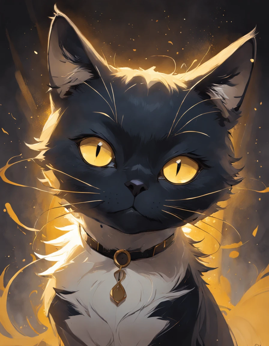 Gato en el arte, tuxedo cat, Aseo de ojos estrechos、ocio、Color principal negro, Color secundario cian, Fondo amarillo dorado, artistic, sofisticado, Warm style, Las formas incluyen gatos abstractos, Playful forms, Pieza elegante, Las texturas incluyen texturas de pelaje, Pintura lisa, textura de la tela, Lines contain elegant lines, Curvas naturales, Silueta delicada, La forma es elegante, accesible, expresivo, aesthetic.