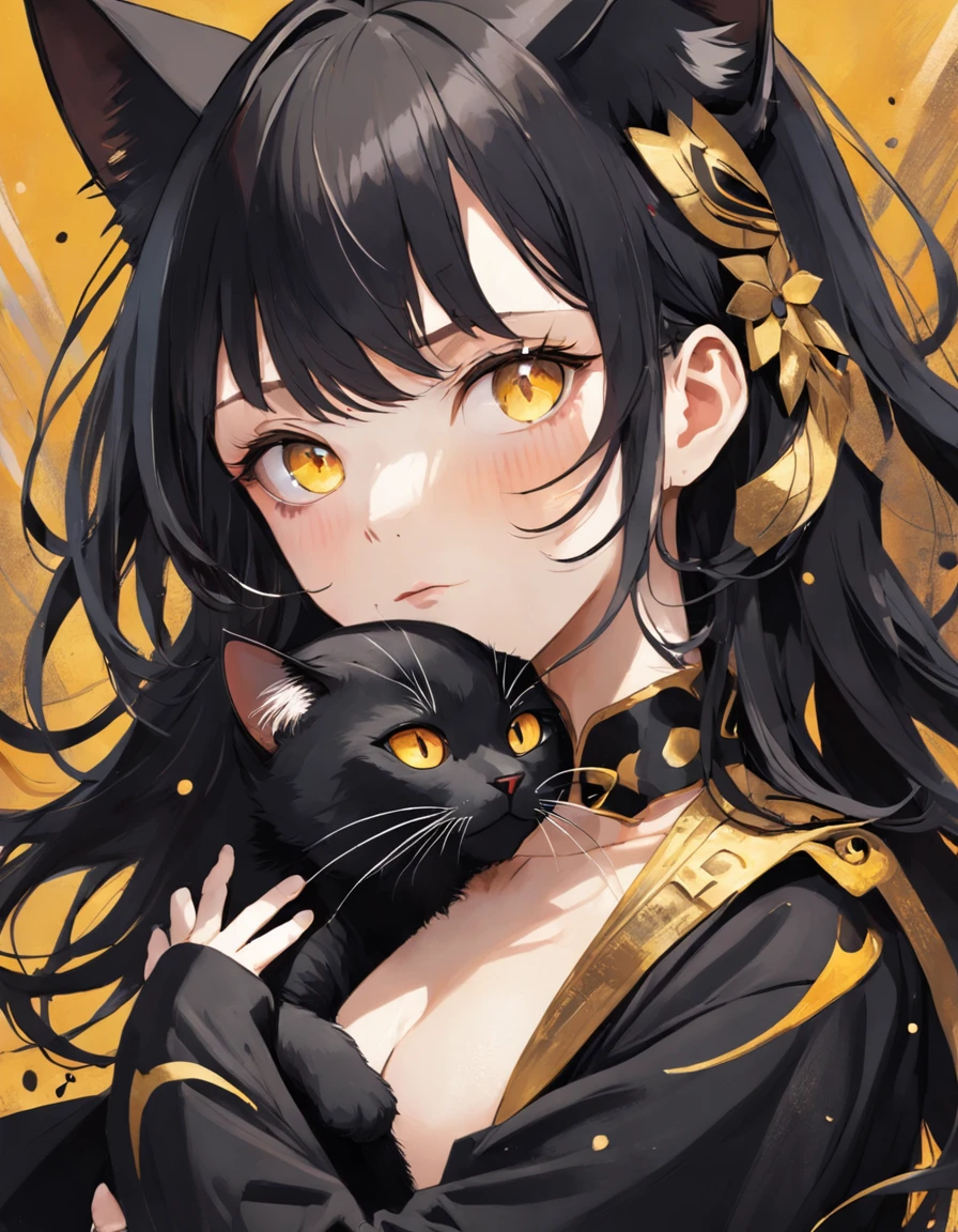 Gato en el arte, tuxedo cat, Aseo de ojos estrechos、ocio、Color principal negro, Color secundario cian, Fondo amarillo dorado, artistic, sofisticado, Warm style, Las formas incluyen gatos abstractos, Playful forms, Pieza elegante, Las texturas incluyen texturas de pelaje, Pintura lisa, textura de la tela, Lines contain elegant lines, Curvas naturales, Silueta delicada, La forma es elegante, accesible, expresivo, aesthetic.
